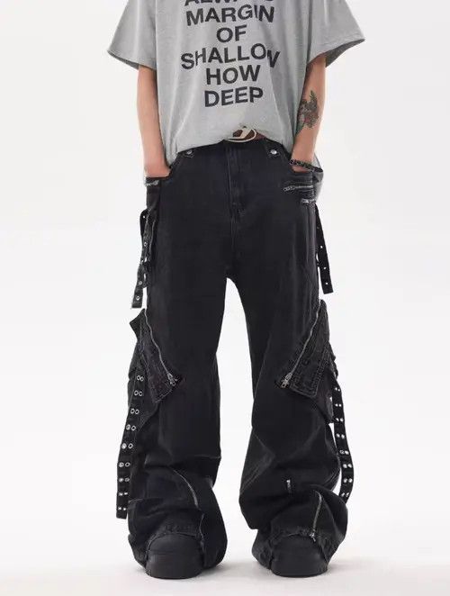 Japanese Brand × Jean High Street Black Heavyweight Strappy Design Baggy Jeans Size US 30 / EU 46 - 2 Thumbnail