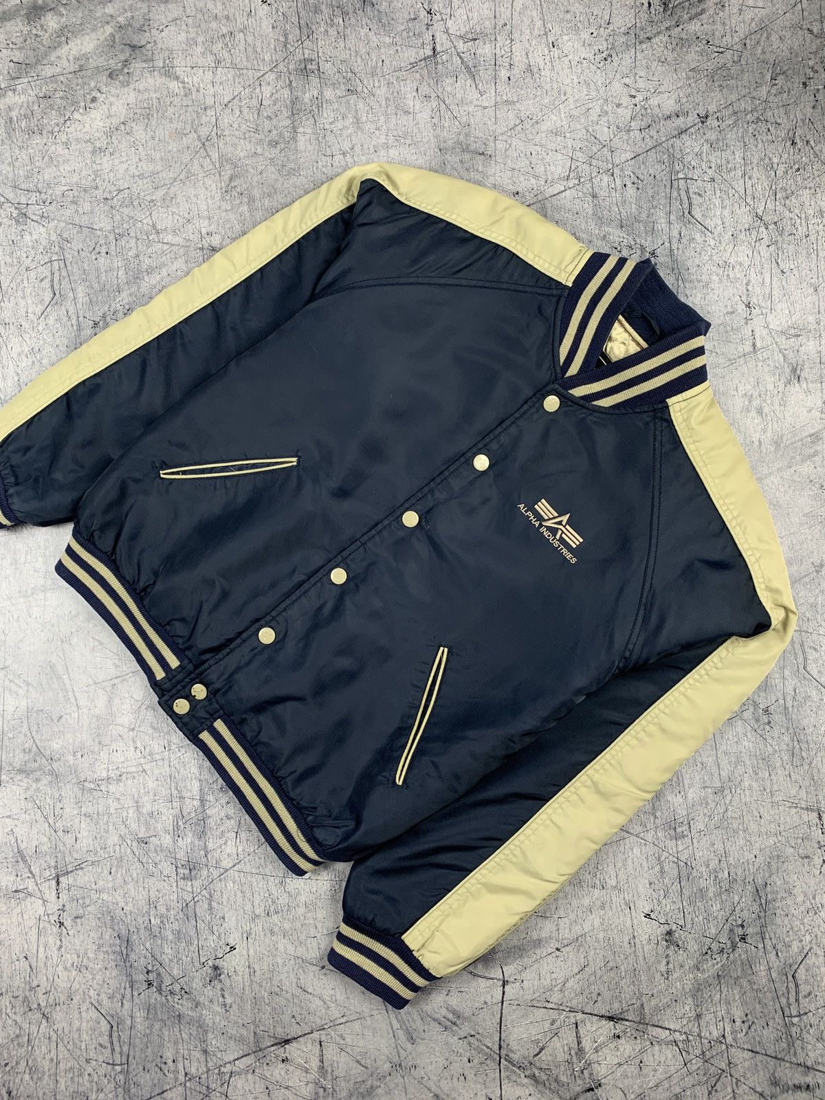 image of Vintage Alpha Industries Varsity Bomber Jacket 90's Logo in Blue, Men's (Size Medium)