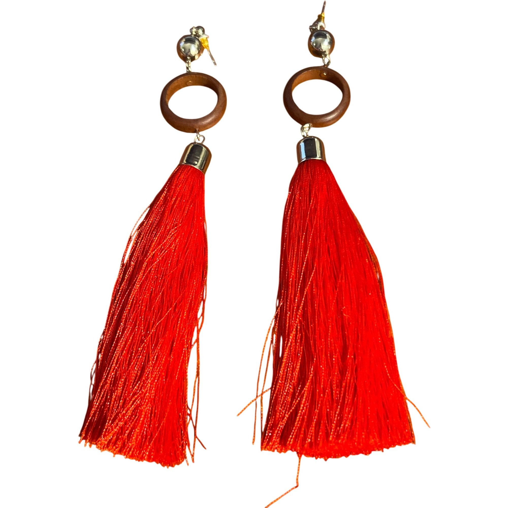 Other Long Red Tassel Earrings Wood Circles Pierced Silver Tone 6" Size ONE SIZE - 1 Thumbnail