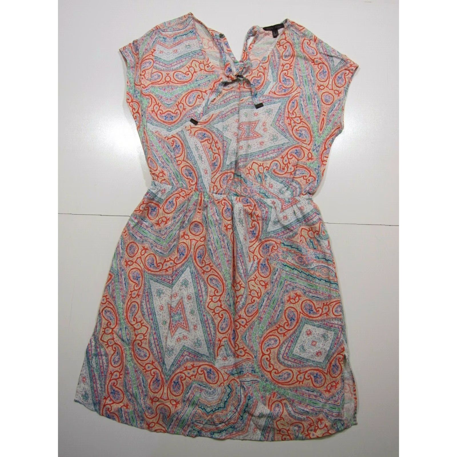 Vintage Violeta Mango 100% Rayon Red Green Paisley Tunic Sheath Shift Sun Dress Women 10 Size L / US 10 / IT 46 - 7 Thumbnail