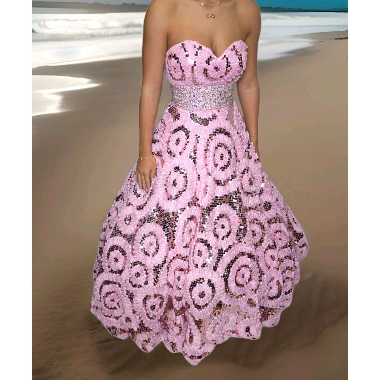 Vintage WOW PROM & PAGEANT Embellished Strapless Gown - Pink, 6, Adult Women, Long Formal Dress, Ball Gown, Quinceanera, Prom, Wedding, Beaded, Sequins Size M / US 6-8 / IT 42-44 - 3 Thumbnail