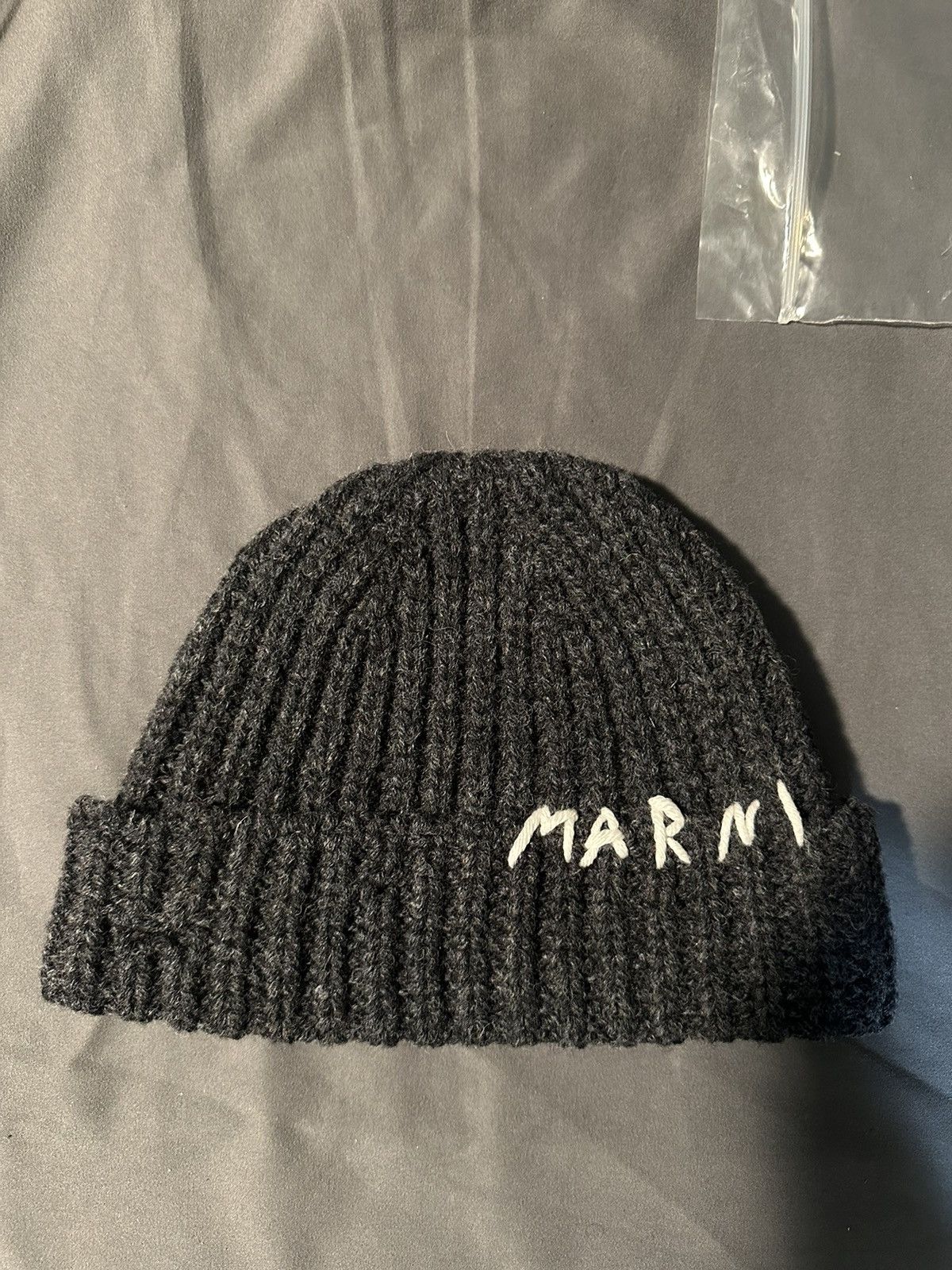 image of Marni Logo Wool Beanie in Grey, Men's