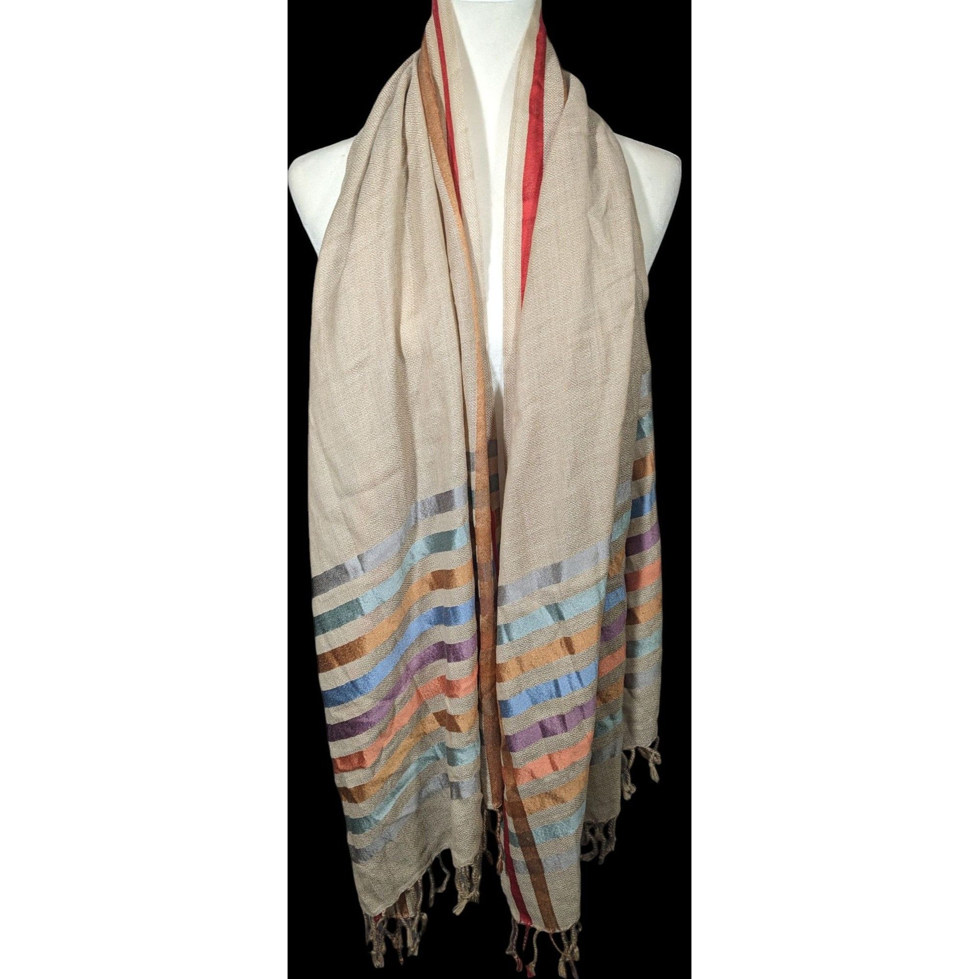 Other Vintage Cream Rainbow Stripe Accent Fringe Scarf Size ONE SIZE - 3 Thumbnail