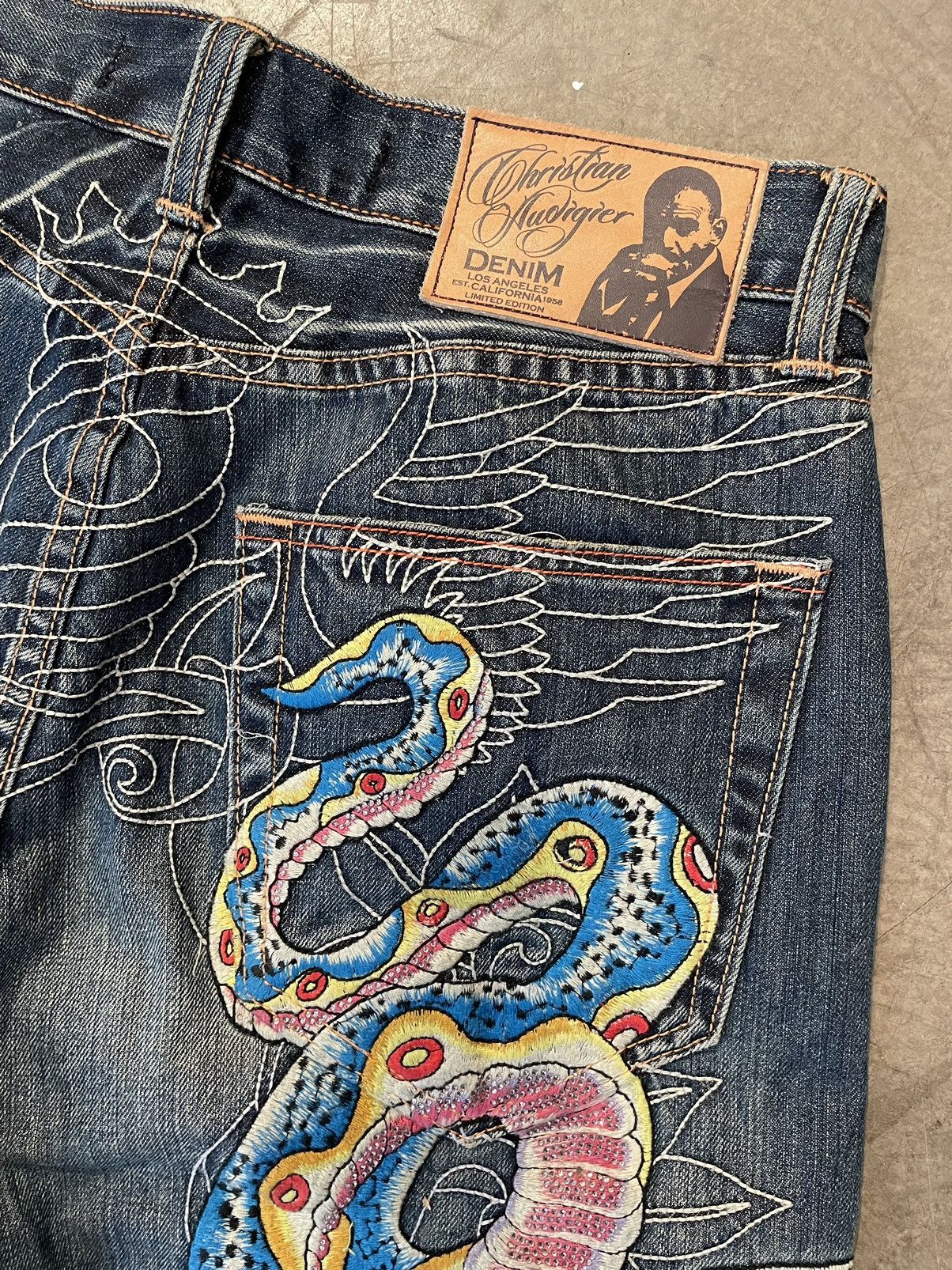 Christian popular Audigier Designer Jeans Serpent Embroidered Pocket 40x34