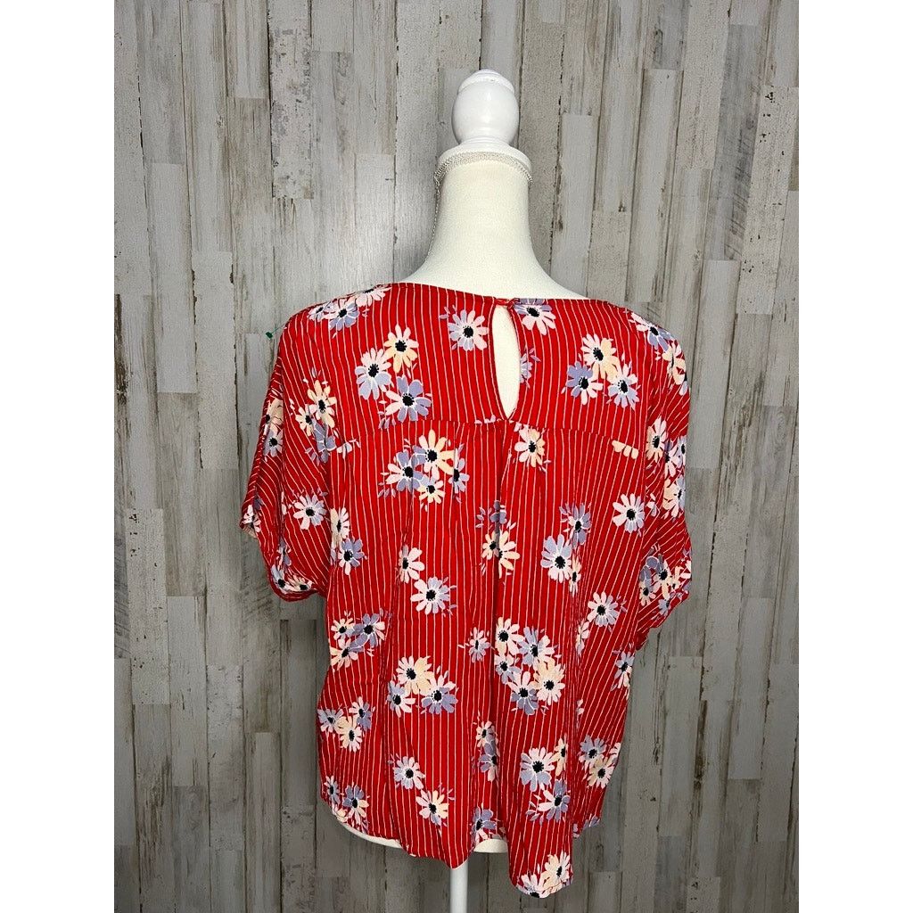 Madewell Madewell Women's Large Floral Cropped Blouse Red V-Neck Size L / US 10 / IT 46 - 3 Thumbnail