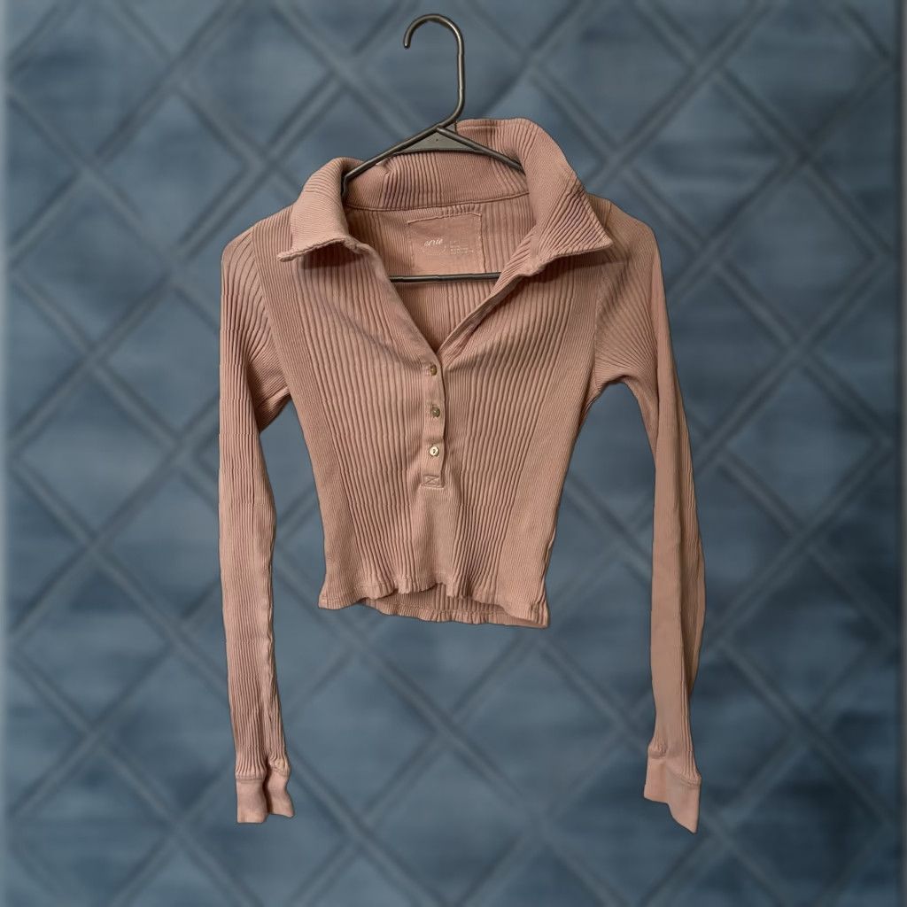 Vintage Aerie Pink Ribbed Cropped Collared Polo Sweater Long Sleeve Top S Womens EUC Size S / US 4 / IT 40 - 1 Thumbnail