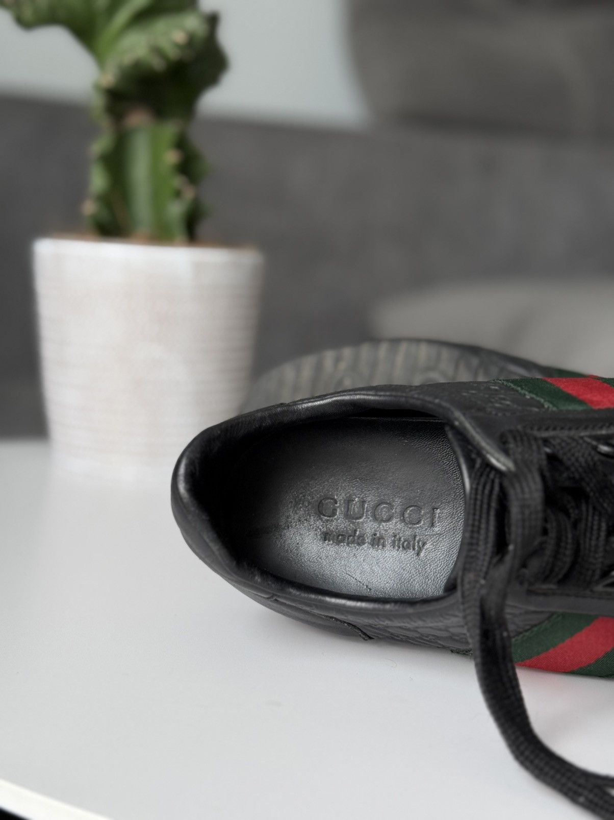 Gucci Gucci Black GG Guccissima Leather Sneakers Stripe Low Top Size US 10 / IT 40 - 18 Thumbnail