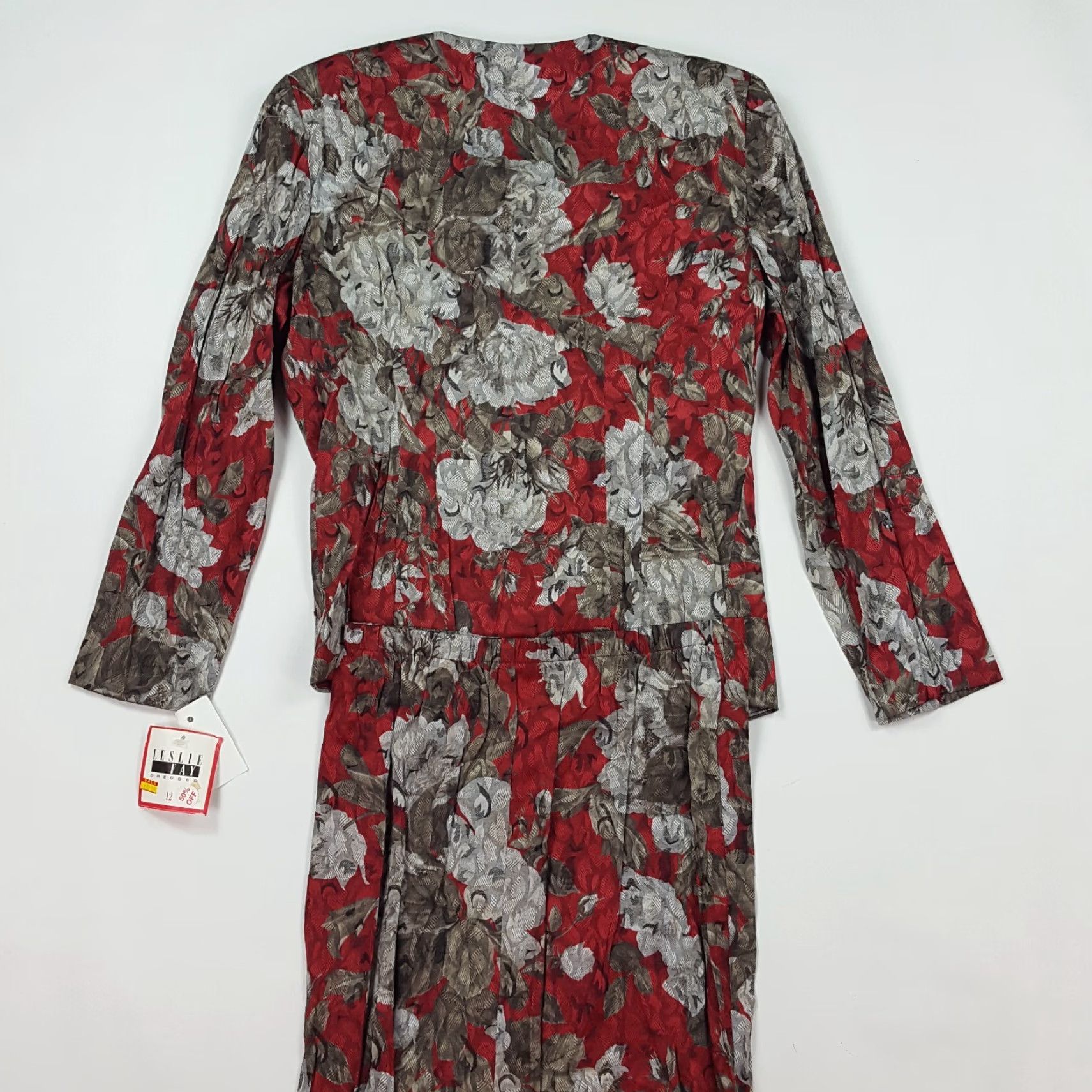 Vintage VINTAGE Leslie Fay Women's Large Floral Suit Skirt Set 2-Piece Pleated Red 80s Retro Party/Cocktail Dress Shirt Size 36" / US 14 / IT 50 - 5 Thumbnail