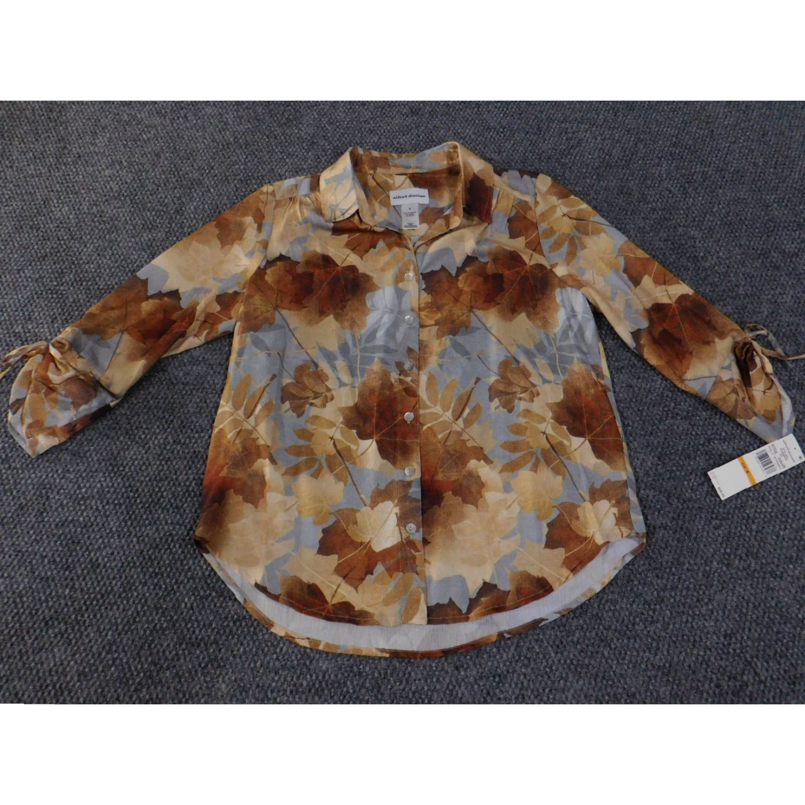 Vintage Alfred Dunner Blouse Womens S Brown Tan Leaf Print Button Front Sheer Top Casual Knit Polyester Beaded 3/4 Sleeve Geometric ID:None Size S / US 4 / IT 40 - 4 Thumbnail