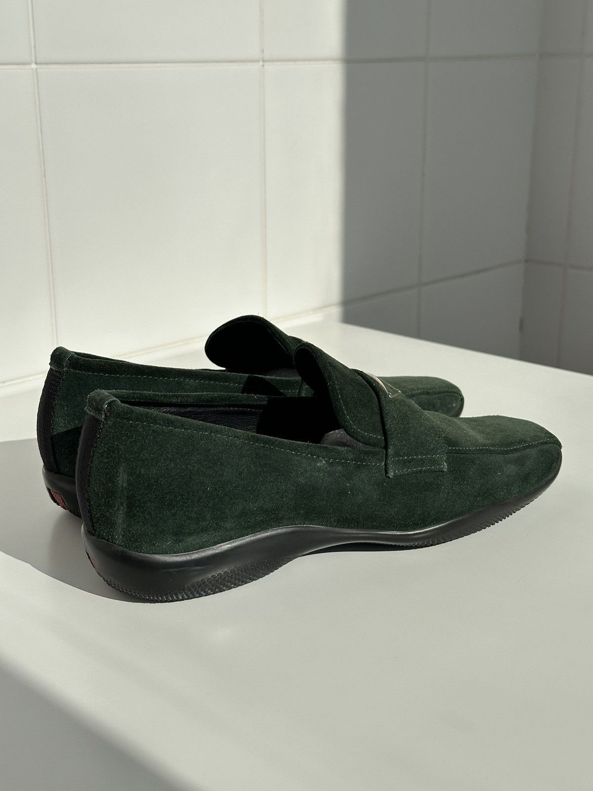 Prada PRADA Green Suede Triangle Logo Square Toe Loafers Slip One Size US 6 / IT 36 - 13 Thumbnail