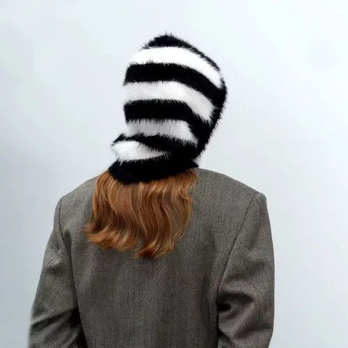 Handmade × Japanese Brand Streetwear Fluffy Striped Balaclava Hat Unisex Size ONE SIZE - 1 Thumbnail