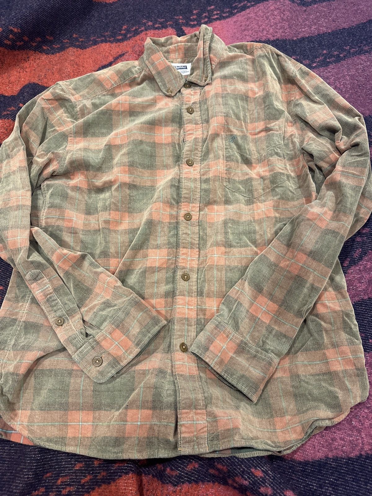 image of Pherrows Cotton Corduroy Corduroy Plaid Flannel Shirt in Green, Men's (Size Large)