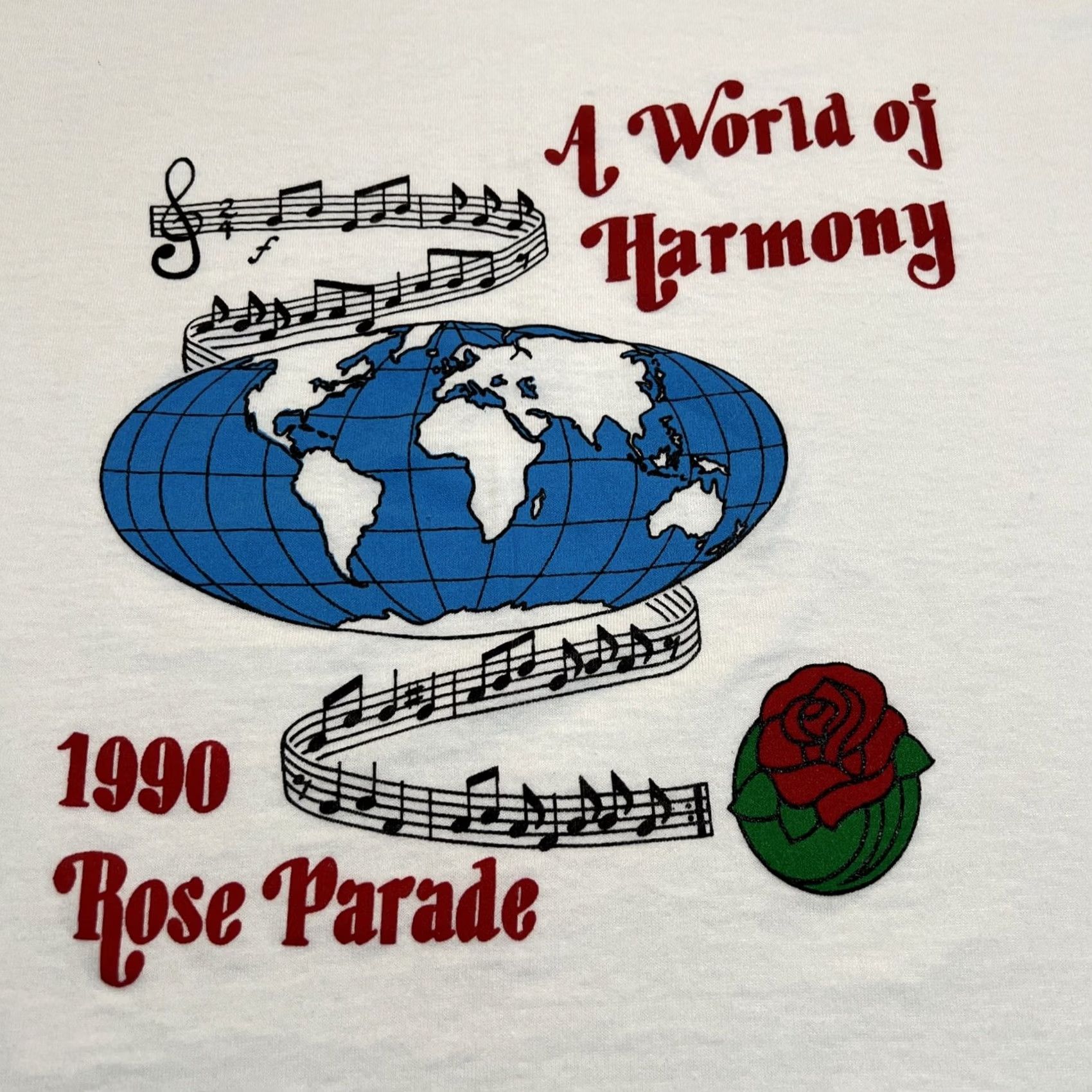Vintage VINTAGE 1990 Rose Parade Shirt XL Graphic A World Of Harmony Single stitch White Unisex Cotton Original Tee Oneita Size US XL / EU 56 / 4 - 2 Thumbnail