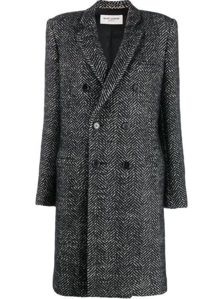 Image of Saint Laurent Paris Saint Laurent Double Breasted Classic Herringbone Heavy Coat, Men's (Size Small