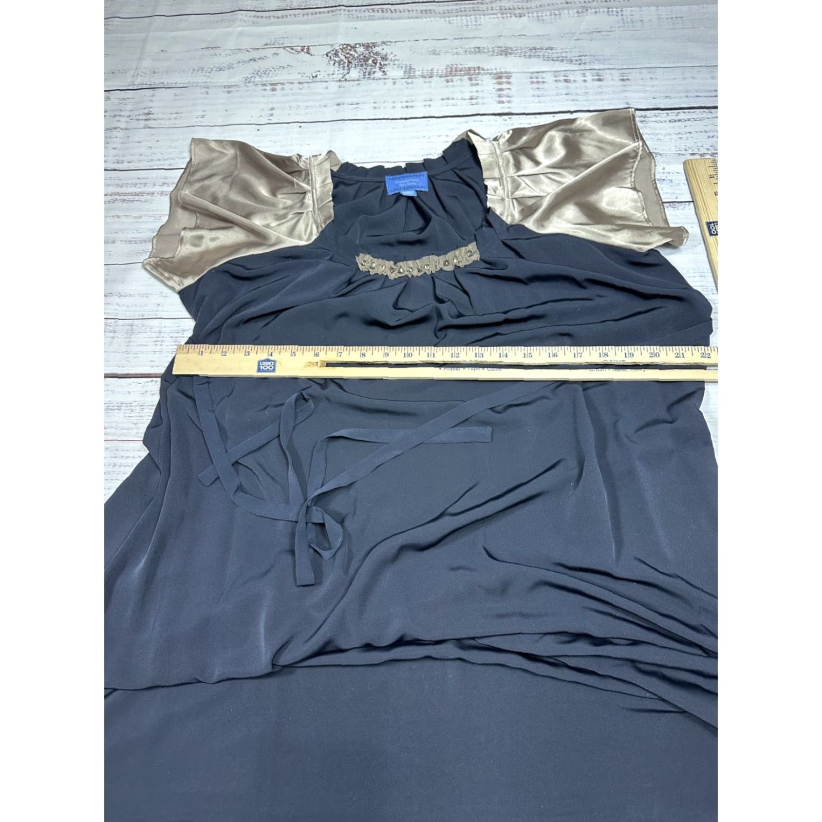 Vera Wang Vera Wang Navy Blue Gold Dress Fit & Flare Midi Short Sleeve Belted Rhinestone Lace Trim 8 Womens Dress Size M / US 6-8 / IT 42-44 - 2 Thumbnail