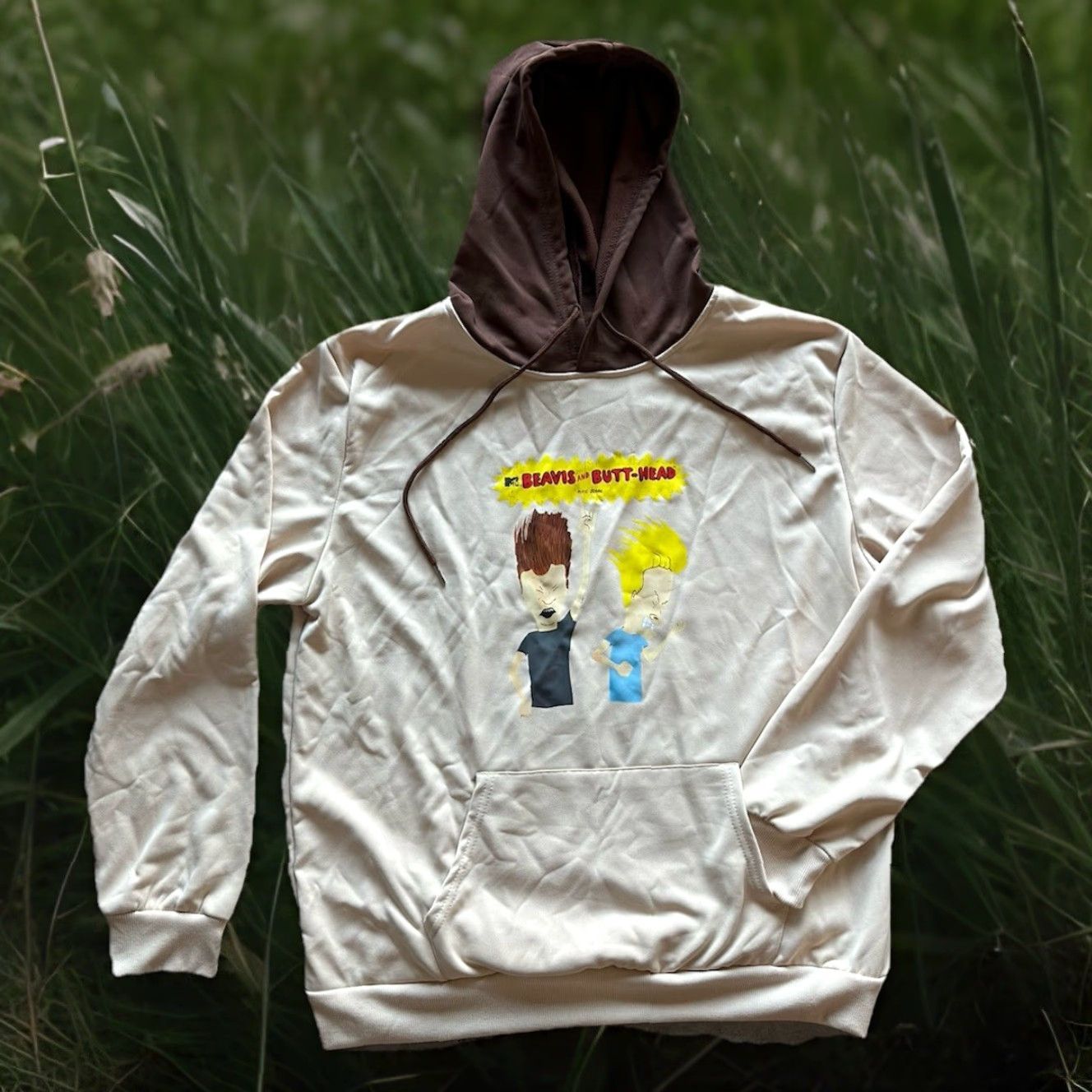 Vintage Beavis And Butthead Hoodie XL Beige Cotton Polyester Pullover Hooded Graphic Print Logo 80s 90s Cartoon Unisex Adults Mens Womens Size US XL / EU 56 / 4 - 2 Thumbnail