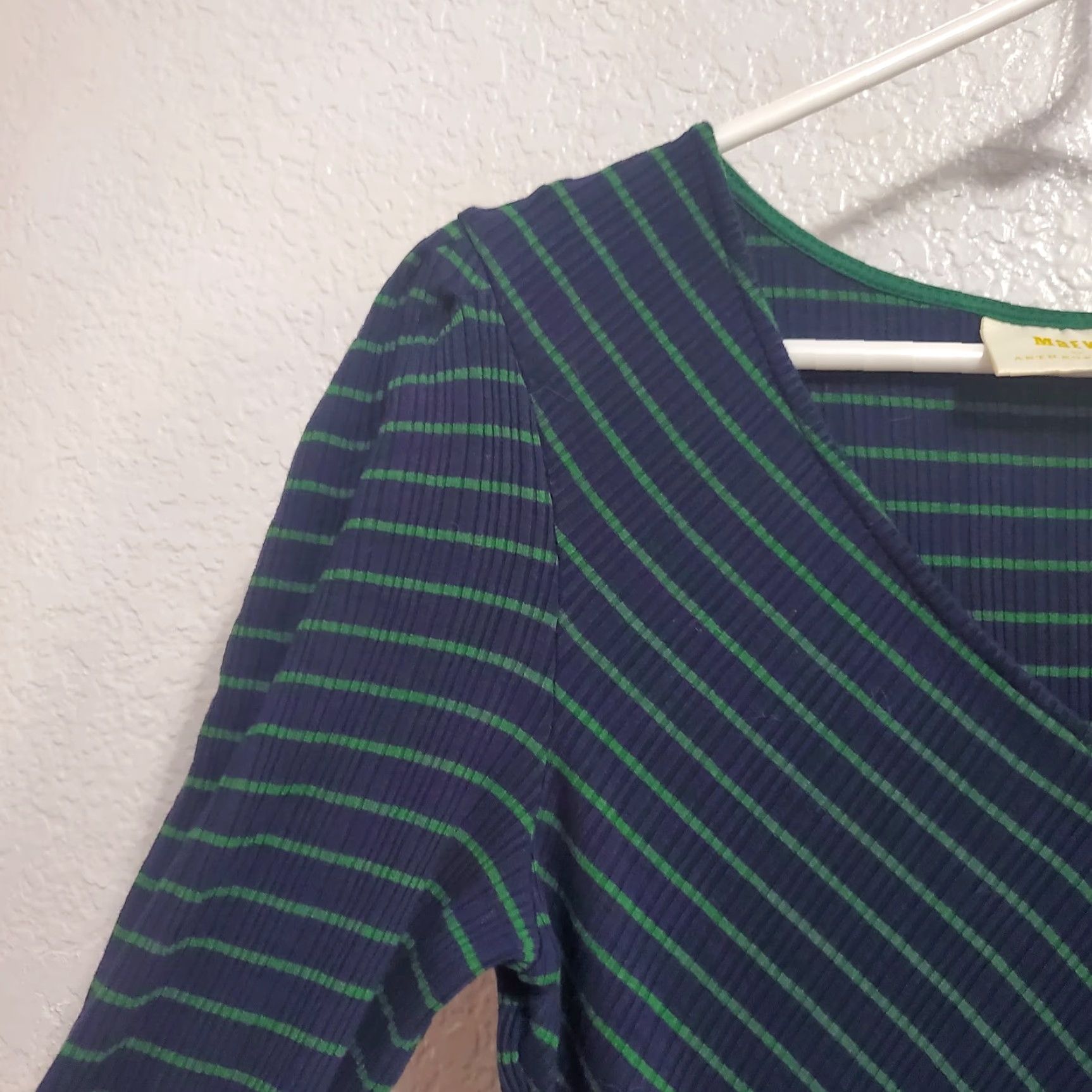 Anthropologie VINTAGE Anthropologie Maeve Dress Women M Blue Green Striped Ribbed Stretchy V Neck Midi 3/4 Sleeve Ruffle Hem Size M / US 6-8 / IT 42-44 - 6 Thumbnail