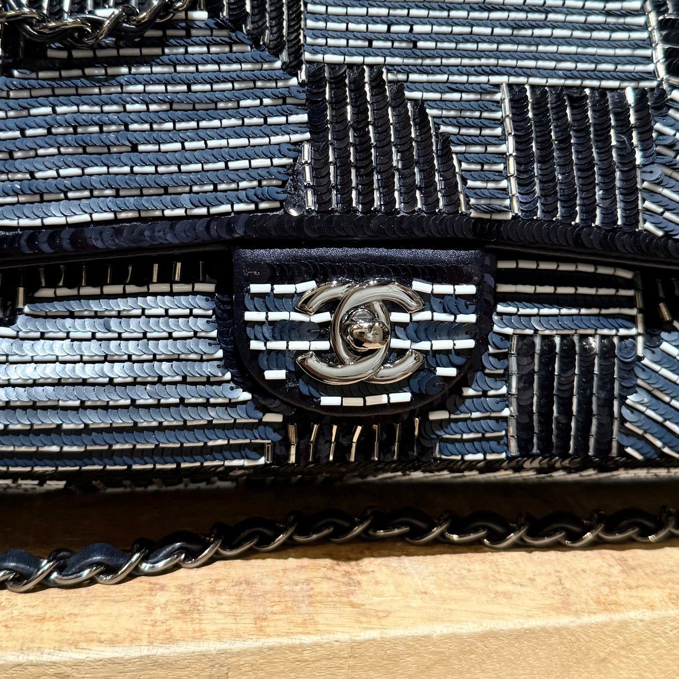 Chanel Chanel Navy Blue Satin Sequin Beaded Medium Double Flap Bag Size ONE SIZE - 3 Thumbnail
