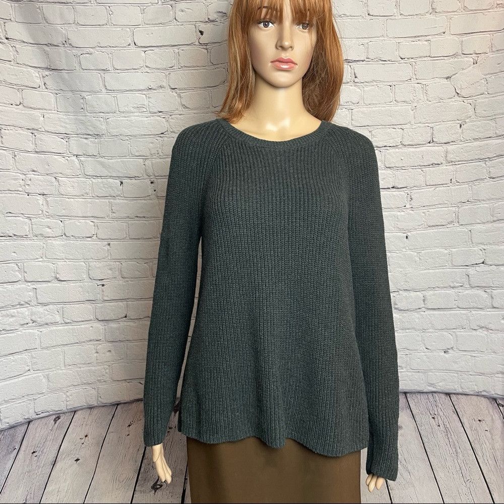 Loft New LOFT Floral Chiffon Tie Back Ribbed Cotton Gray Sweater Size M / US 6-8 / IT 42-44 - 2 Thumbnail