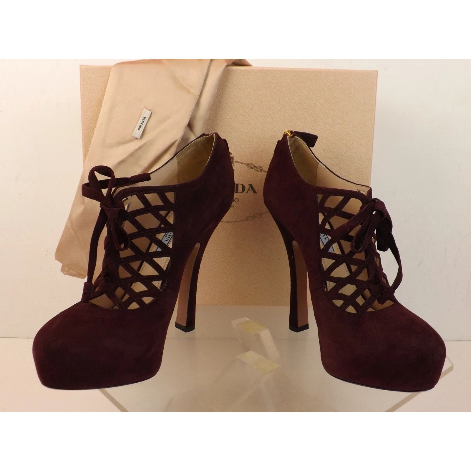 Prada PRADA 1IP156 BURGUNDY SUEDE CAGE BACK ZIP PLATFORM PUMPS 40 Size US 10 / IT 40 - 2 Thumbnail