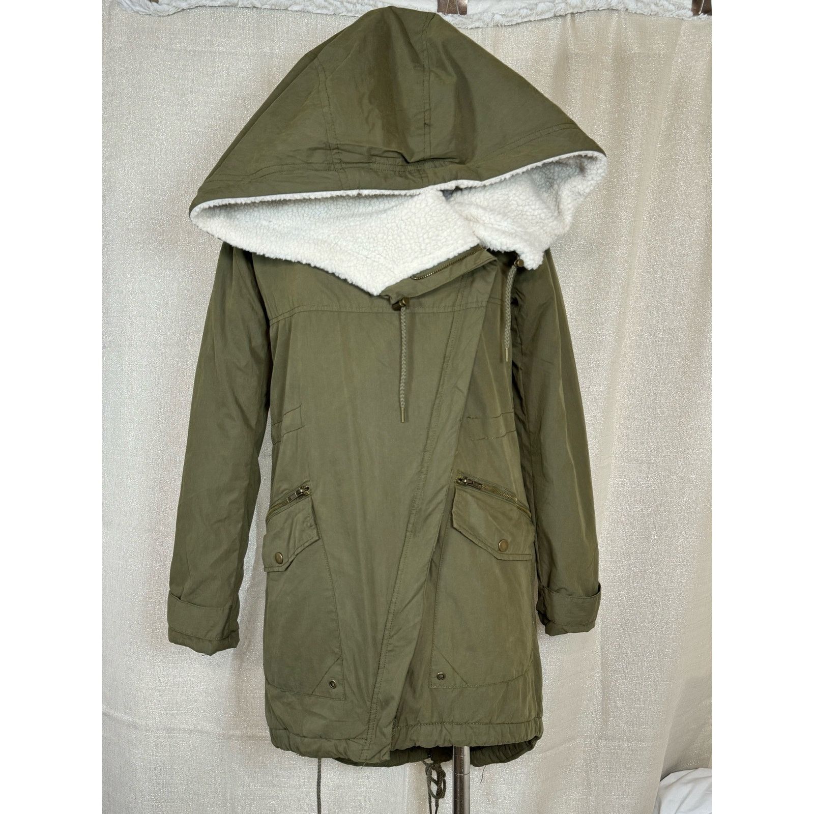 Unknown London Charlotte Russe Sherpa Lined Olive Green Hoodded Parka Coat Size XS / US 0-2 / IT 36-38 - 2 Thumbnail