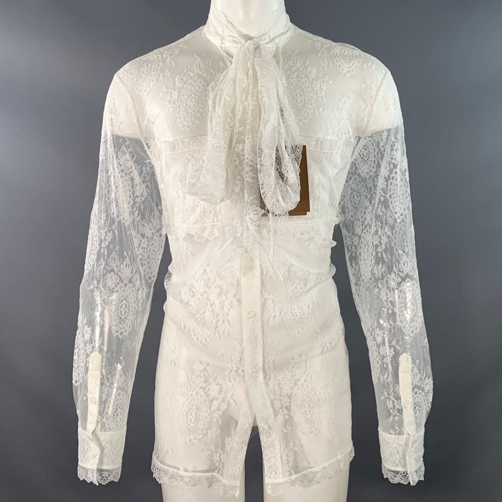 Burberry BURBERRY White Lace Viscose Blend Bow Long Sleeve Shirt Size US M / EU 48-50 / 2 - 1 Thumbnail