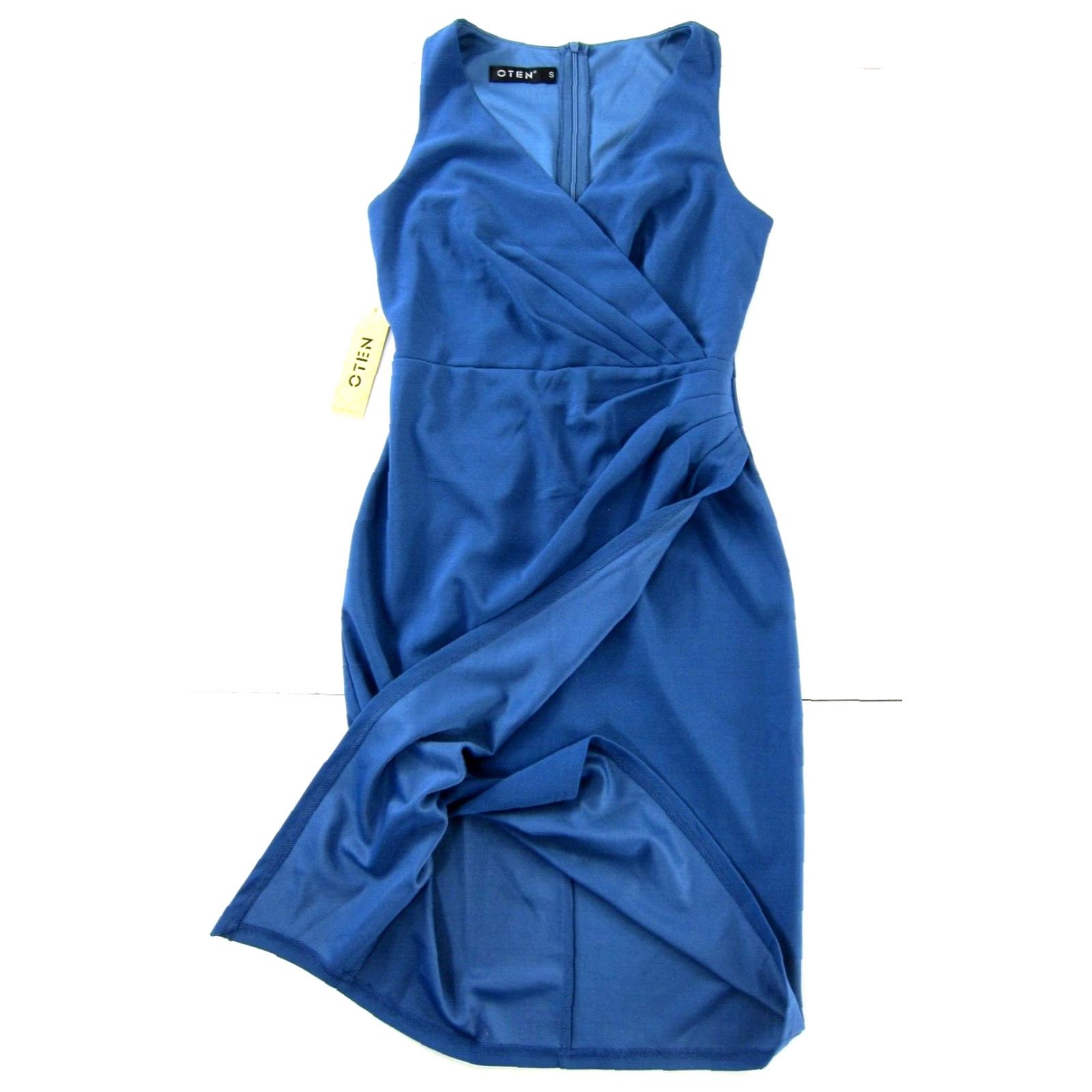 Vintage NWT OTEN Blue Stretch V-Neck Sleeveless Asymmetric Sheath Wrap Dress Small Size S / US 4 / IT 40 - 6 Thumbnail