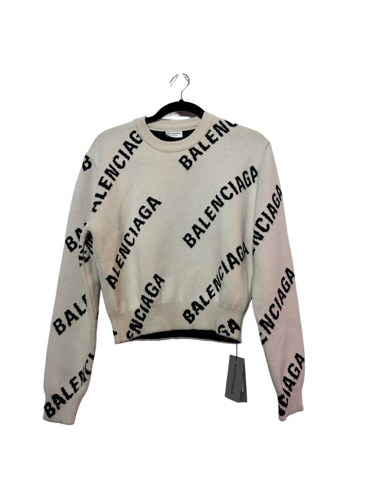 image of Balenciaga Logo Allover Crewneck Sweater in Chalk White, Men's (Size Small)