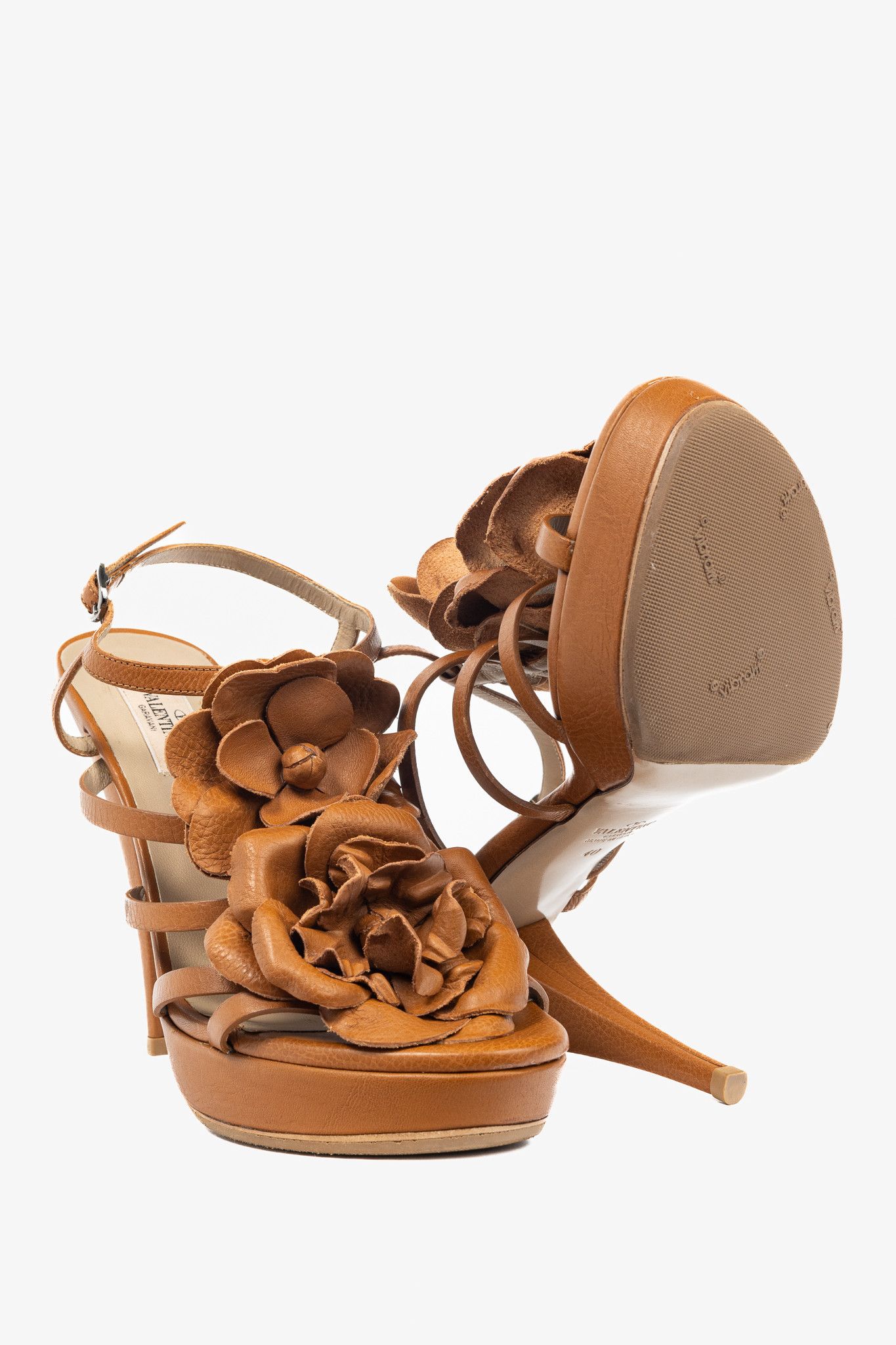 Valentino Valentino Garavani Brown Leather Rosette Platform Sandals Size US 8.5 / IT 38.5 - 4 Thumbnail