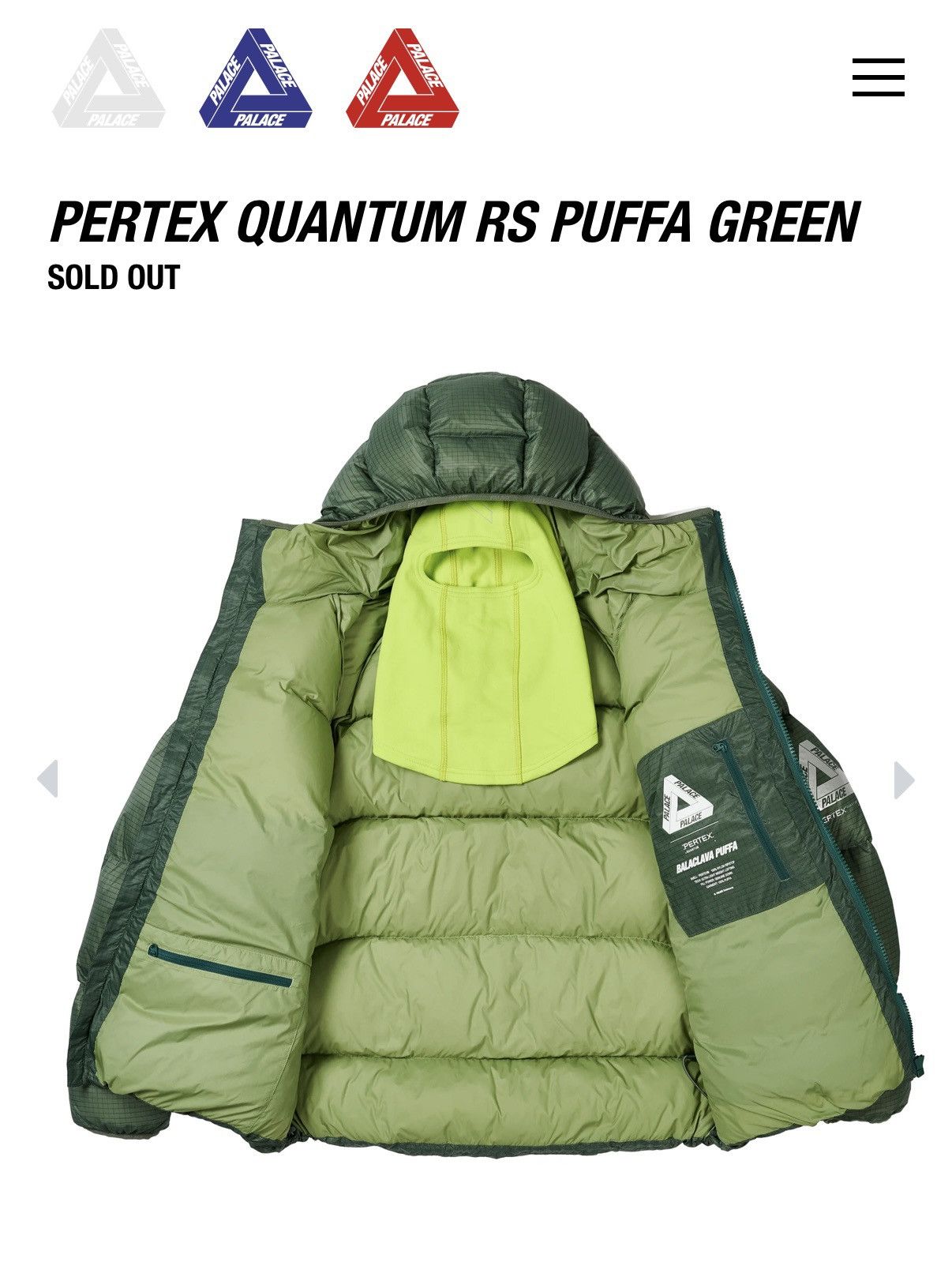 Palace Palace Pertex Balaclava Puffa Green Size US M / EU 48-50 / 2 - 8 Thumbnail