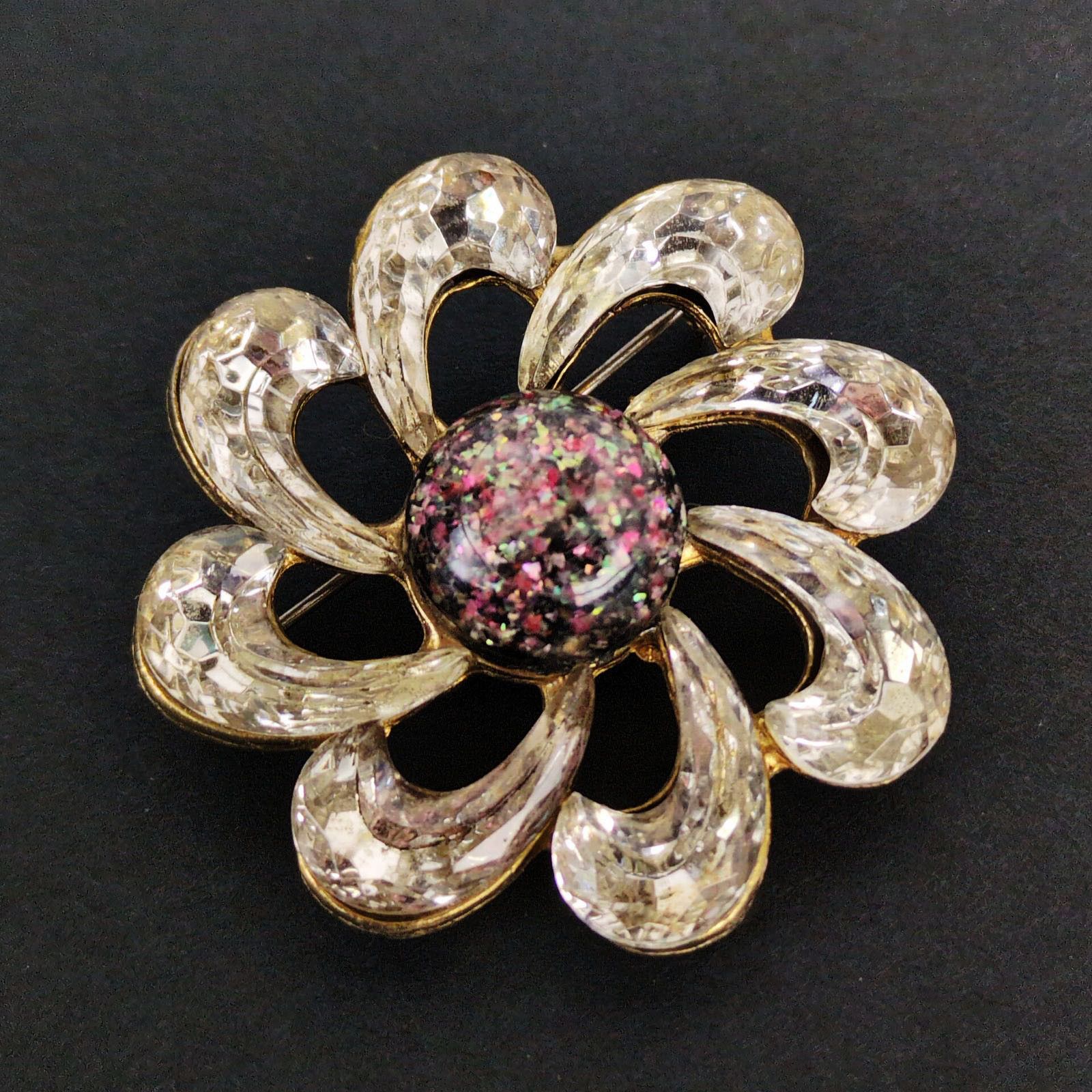 Vintage Rhinestone Swirl Flower Lucite Center Glitter Brooch Pin Size ONE SIZE - 1 Thumbnail