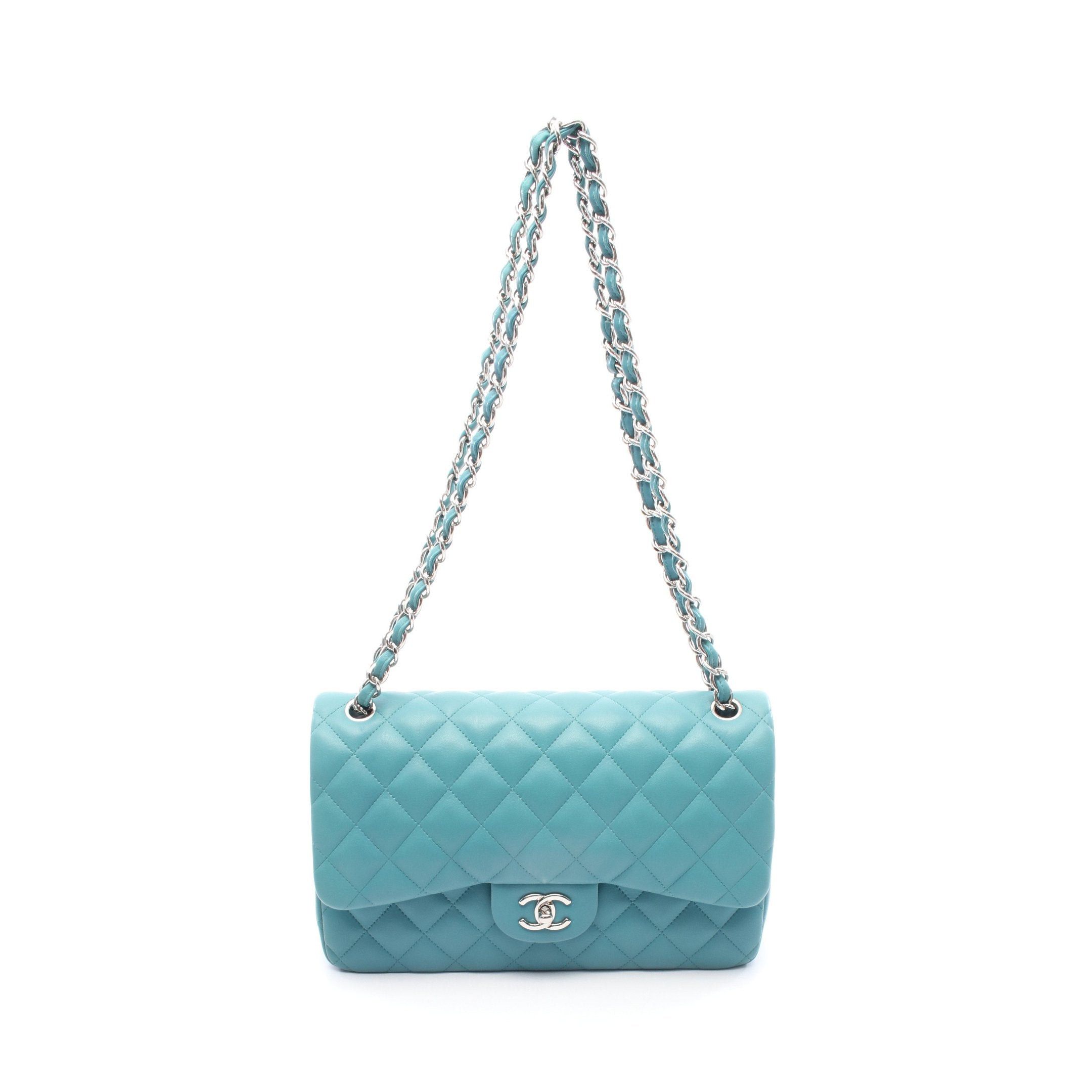 Chanel Chanel Decamatlassé 30 Classic Large Double Flap Chain Shoulder Bag Leather Turquoise Blue Silver Hardware Size ONE SIZE - 1 Thumbnail