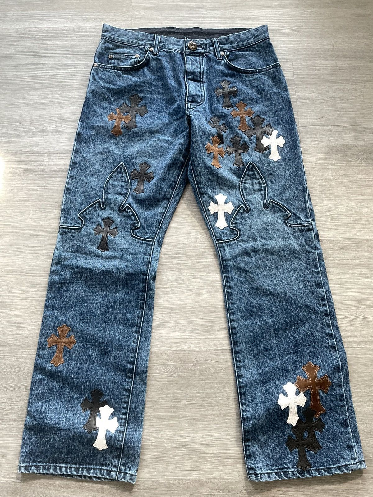 image of Chrome Hearts Indigo Fleur Patchwork Denim Jeans in Blue, Men's (Size 34)