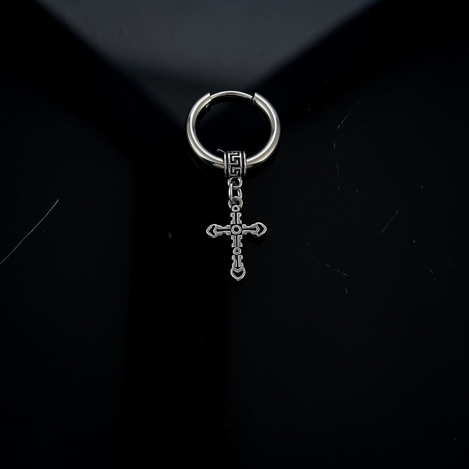 Japanese Brand Silver Cross Dangle Hoop Earrings, Men's Gothic Jewelry Size ONE SIZE - 4 Thumbnail