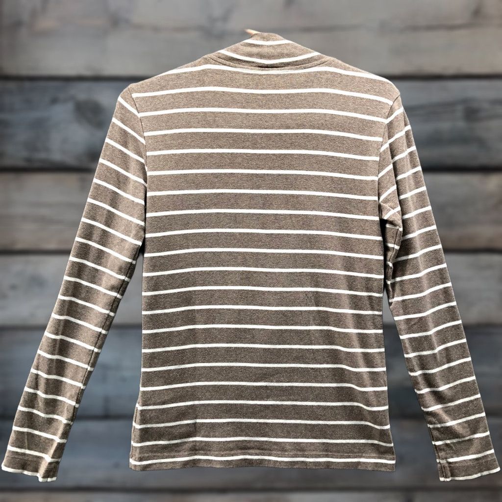 Muji Muji Mock Neck T Shirt Womens S Long Sleeve Striped Light Brown White Stretch Size S / US 4 / IT 40 - 1 Thumbnail