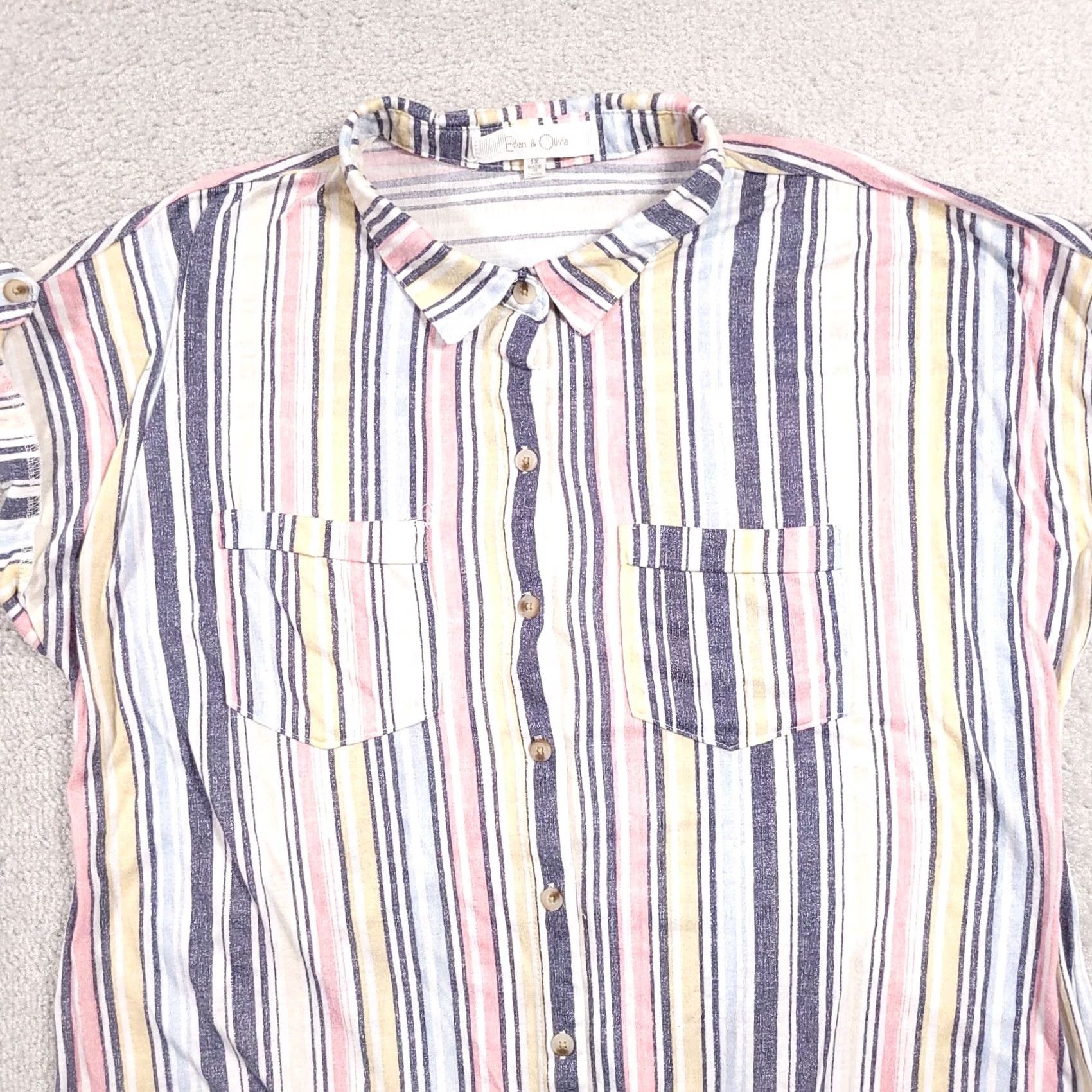 Vintage Eden & Olivia Button Front Shirt Women's 1X Pockets Roll Tab Sleeve Striped Shirt Size XL / US 12-14 / IT 48-50 - 3 Thumbnail