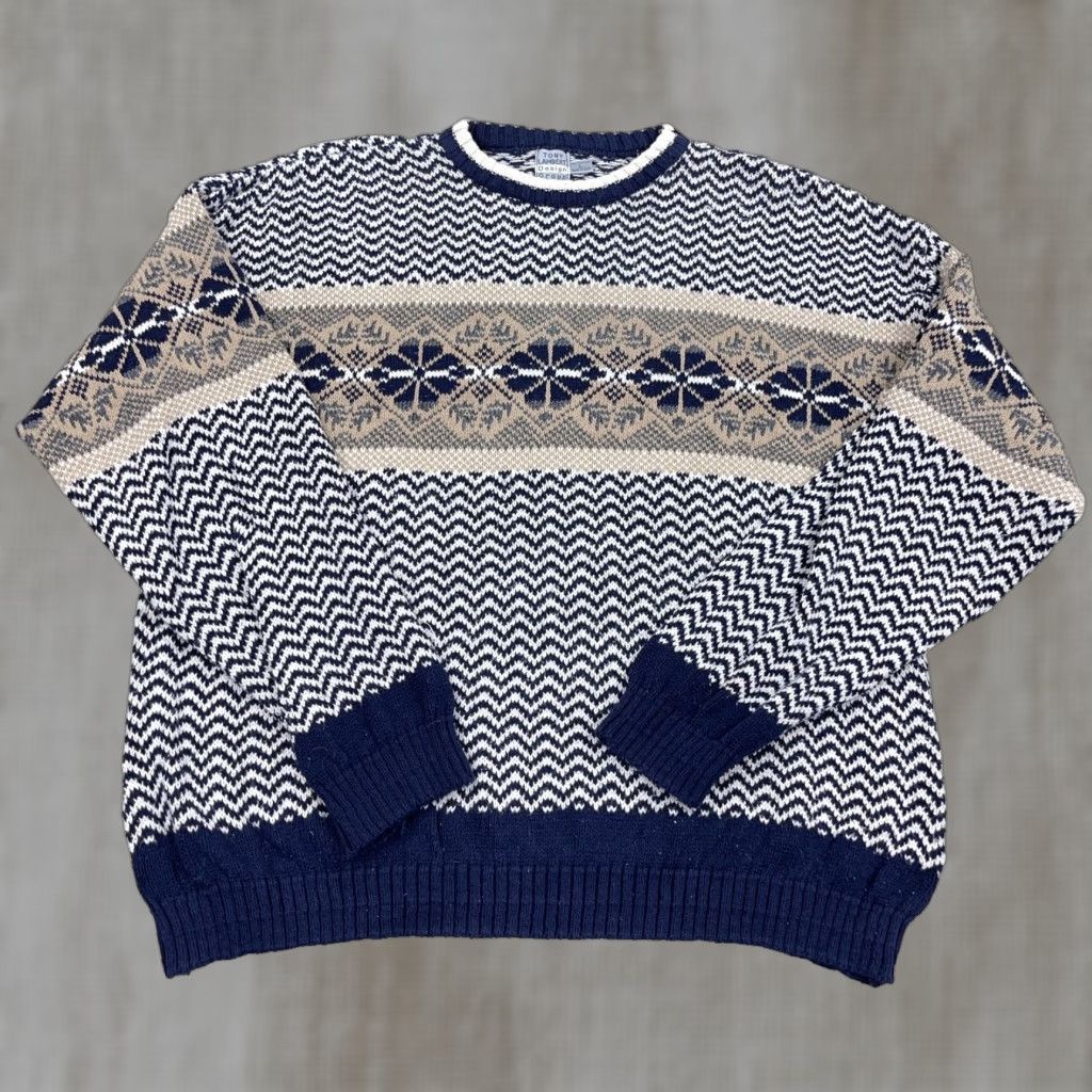 Vintage Vintage Grandpas Sweater Men Large Blue Heavy Knit Geometric Nordic USA 80s 90s Size US L / EU 52-54 / 3 - 1 Thumbnail