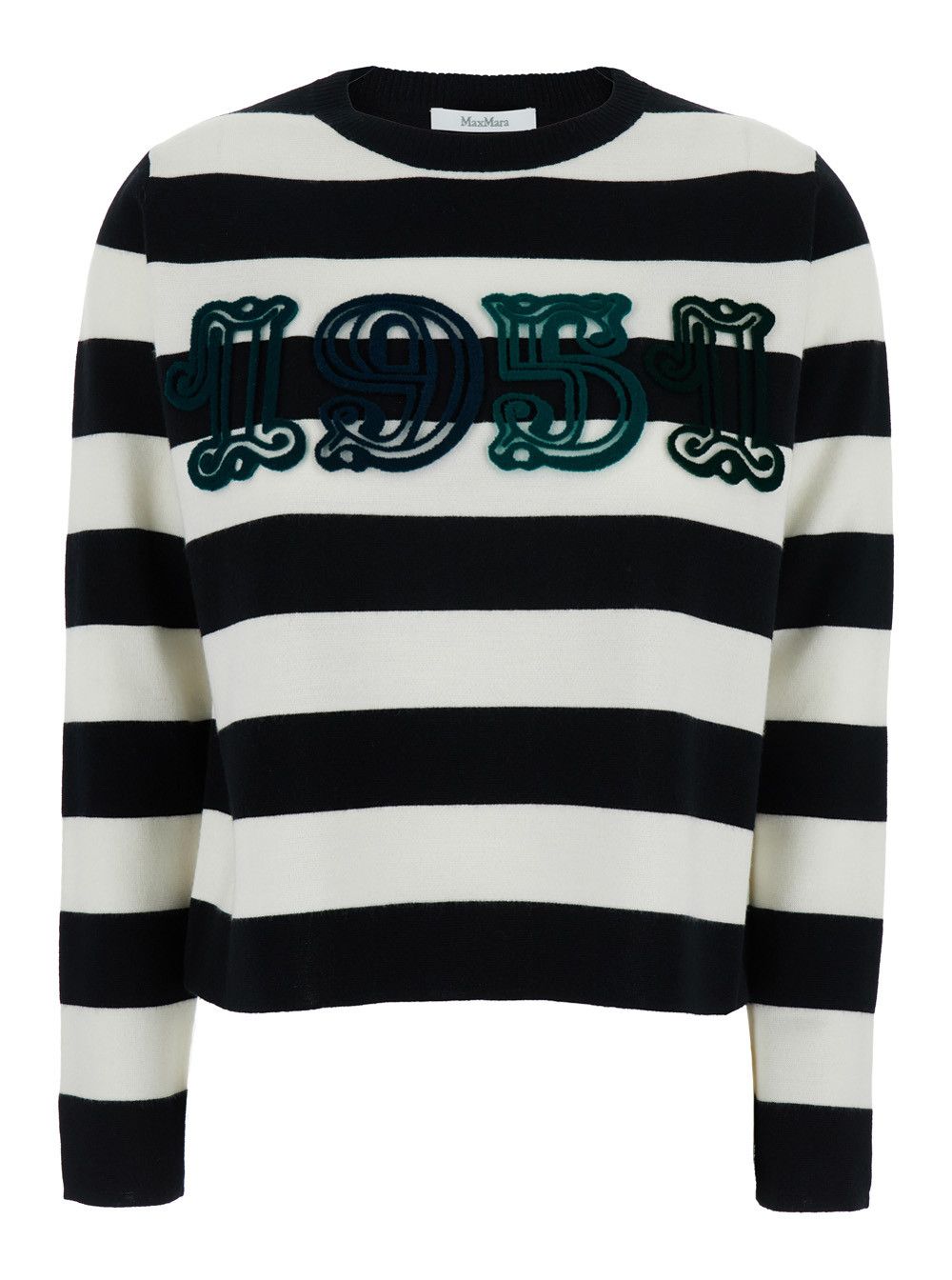Max Mara 'Viterbo' Black and White Crewneck Sweater with Embroidery on the Front and All-Over Striped Motif in Wool Woman Size S / US 4 / IT 40 - 1 Thumbnail