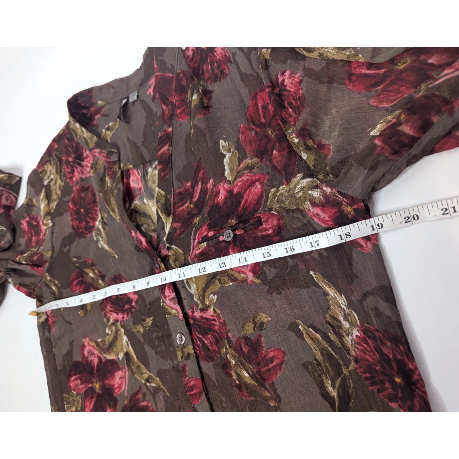 Vintage Kut from the Kloth Womens Blouse Shirt S Brown Floral Print Button V-Neck Sheer Long Sleeve Crepe Polyester Tunic Casual Size S / US 4 / IT 40 - 4 Thumbnail
