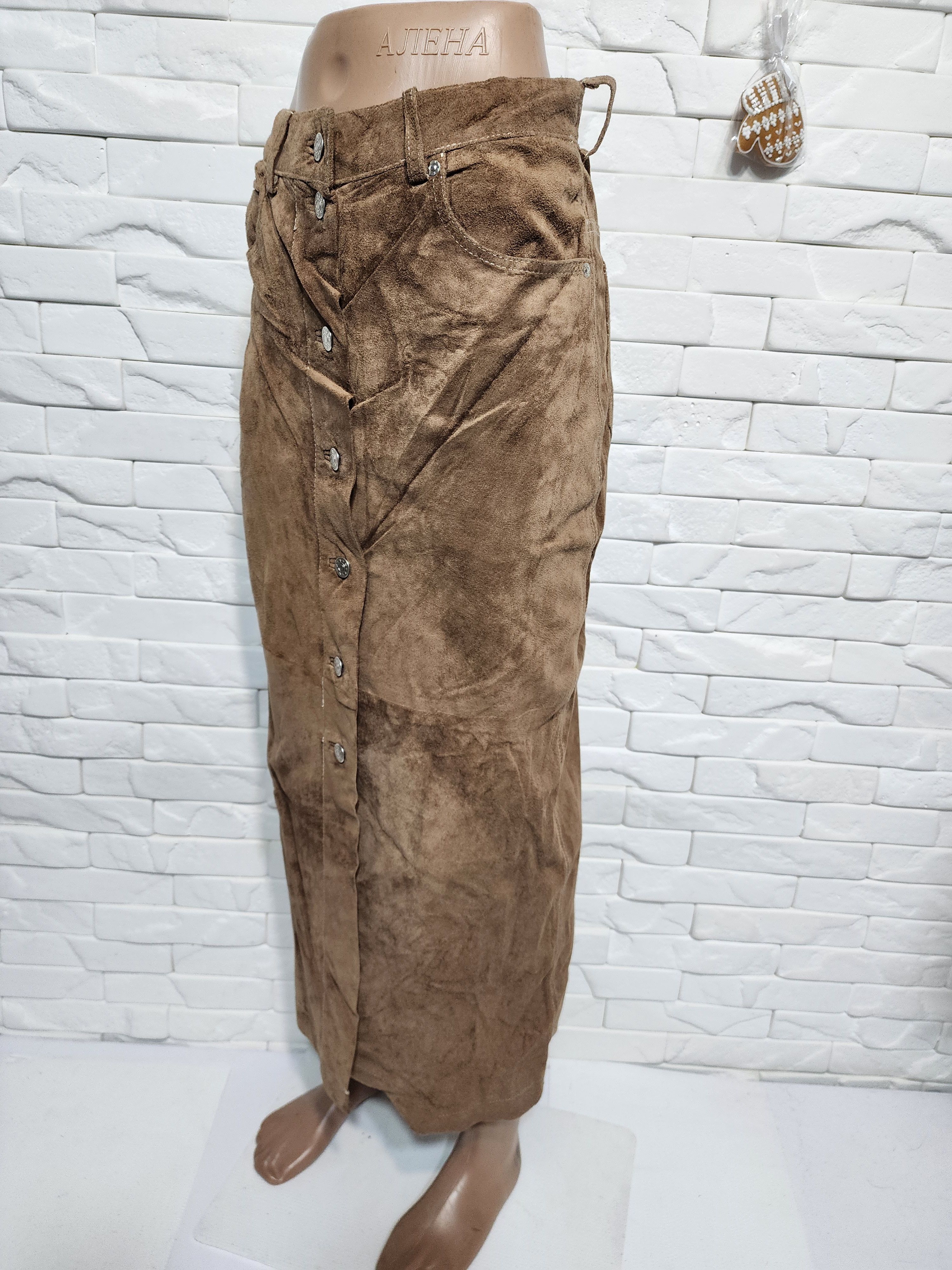 Other Brown Suede Leather Skirt, Metal Buttons Fasteners Size 27" / US 4 / IT 40 - 2 Thumbnail