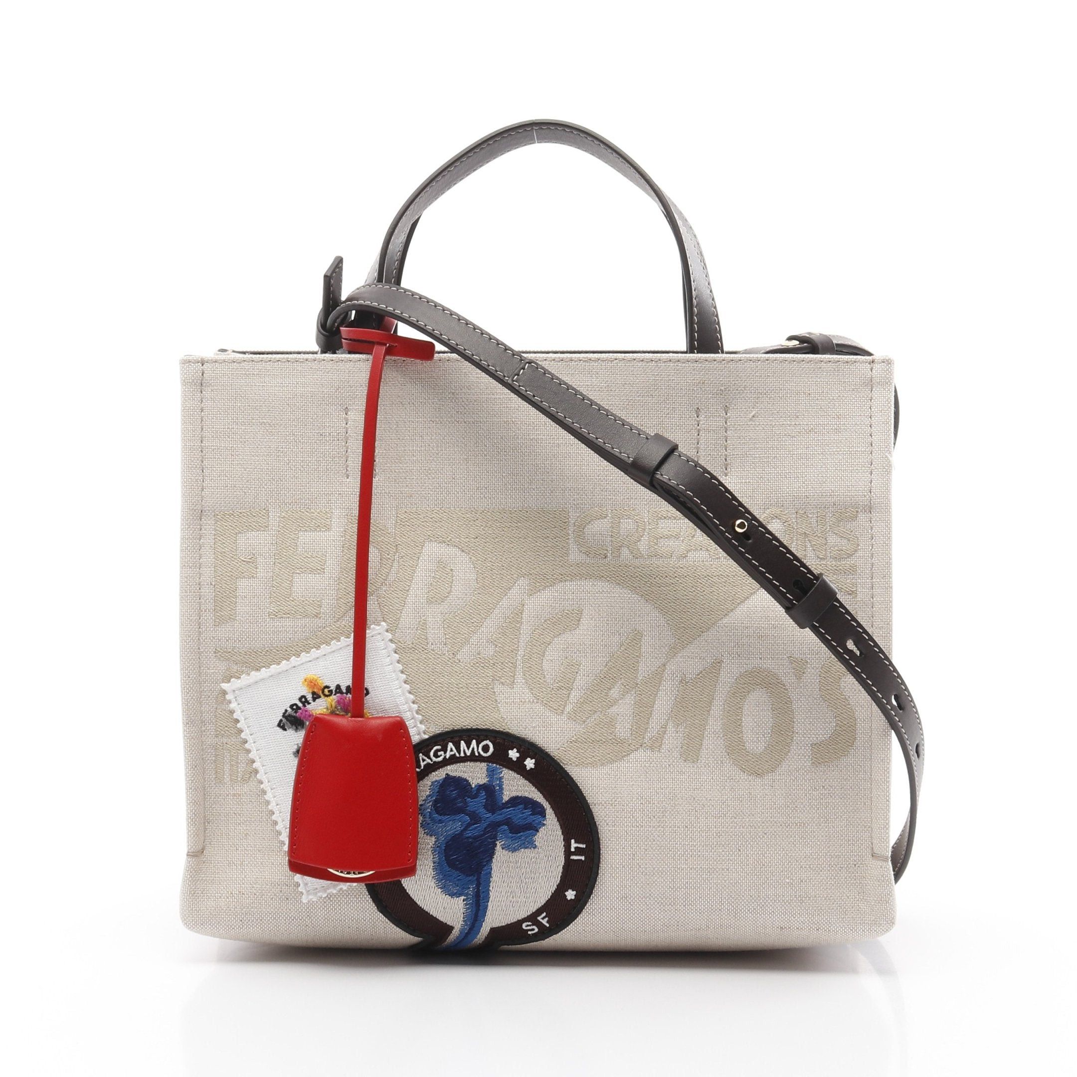 Salvatore Ferragamo Handbag Tote Bag Embroidery Canvas Leather Beige Dark Brown Multicolor in Black, Women's