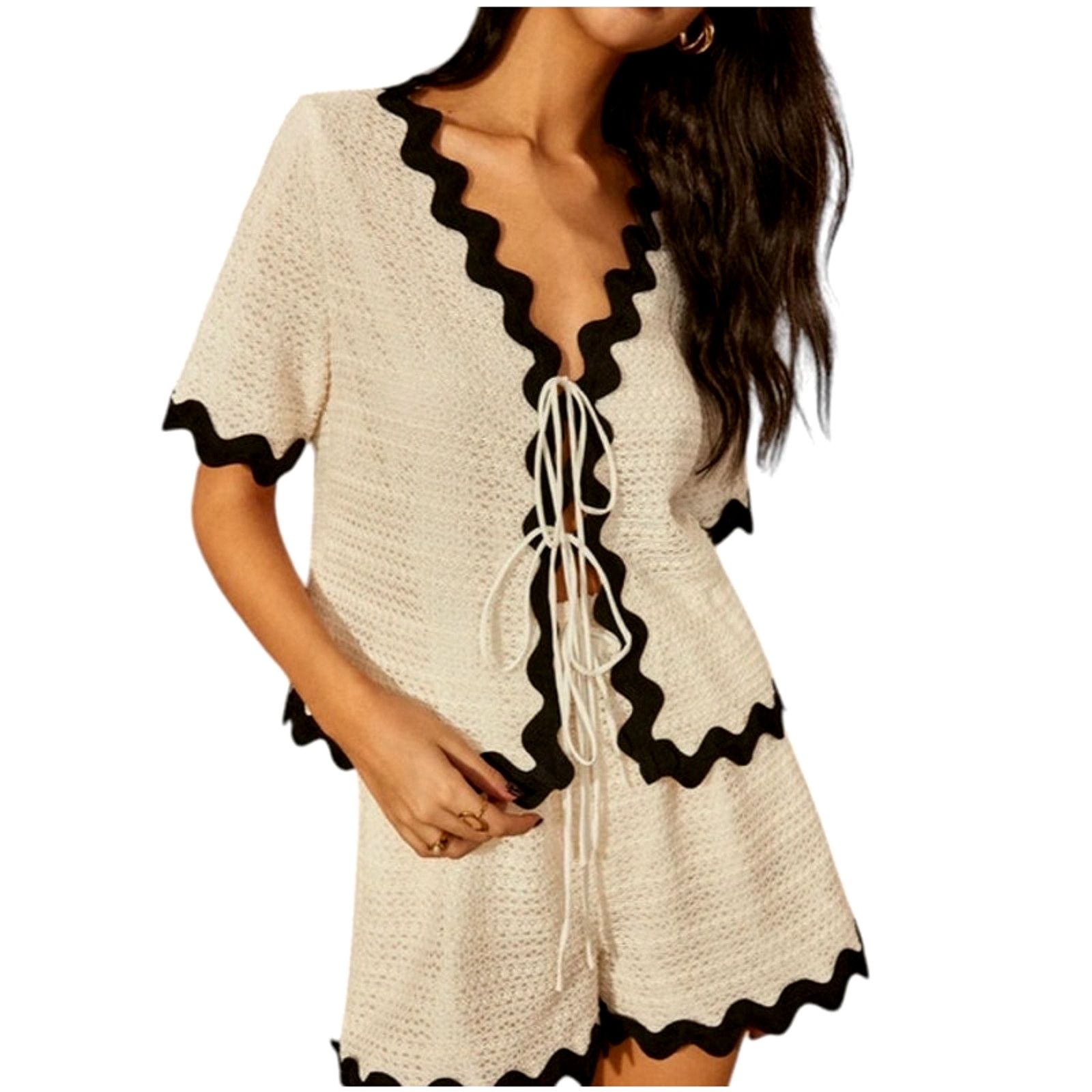Other Commens White Contrast Trim V-Neck Tie Shorts Woven Set Size 28" / US 6 / IT 42 - 2 Thumbnail