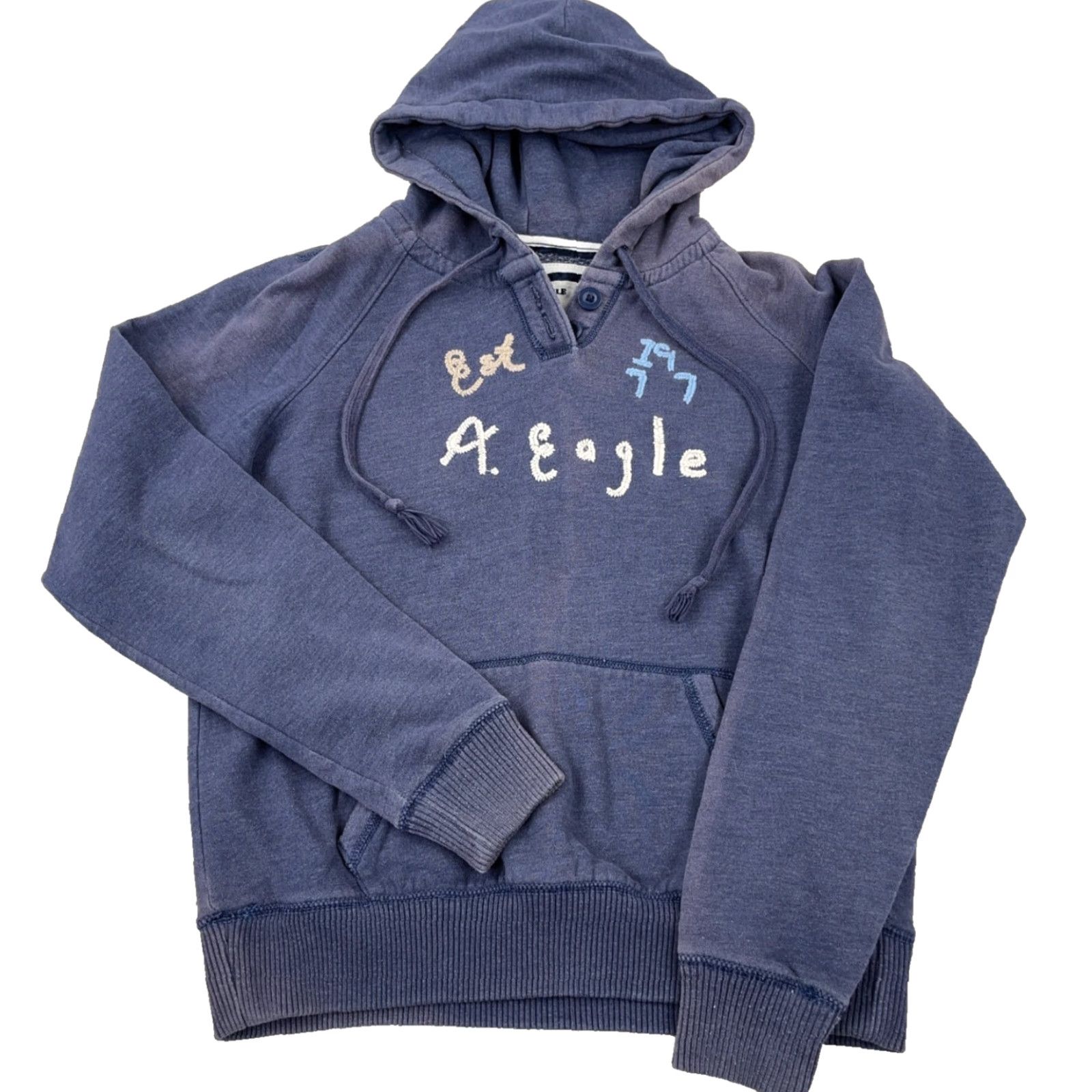 American Eagle Outfitters VINTAGE American Eagle Outfitters Hoodie Women L Blue Sun Faded Spell Out AEO 77 90s Modern Preppy Size L / US 10 / IT 46 - 2 Thumbnail