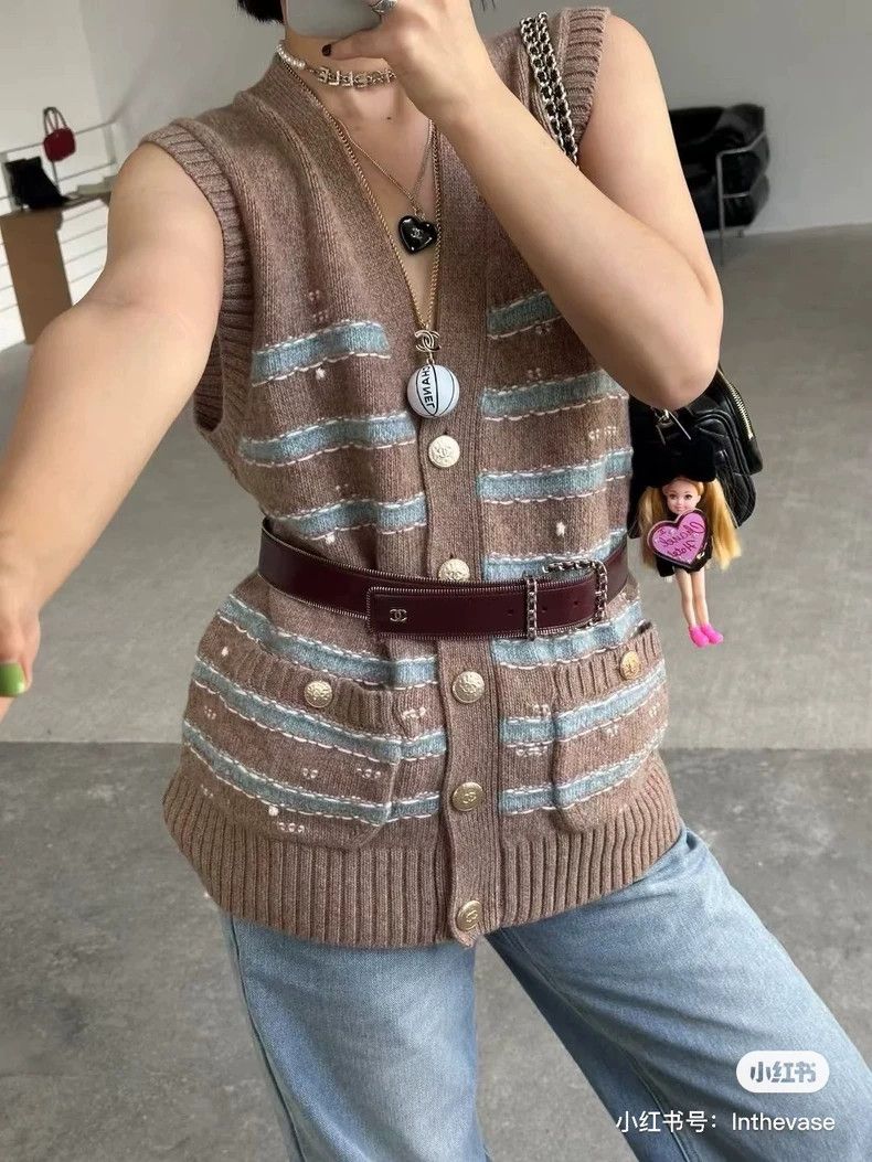 Chanel Chanel 24K coffee blue striped knitted vest vest cardigan Size XXS / US 00 / IT 34 - 8 Thumbnail