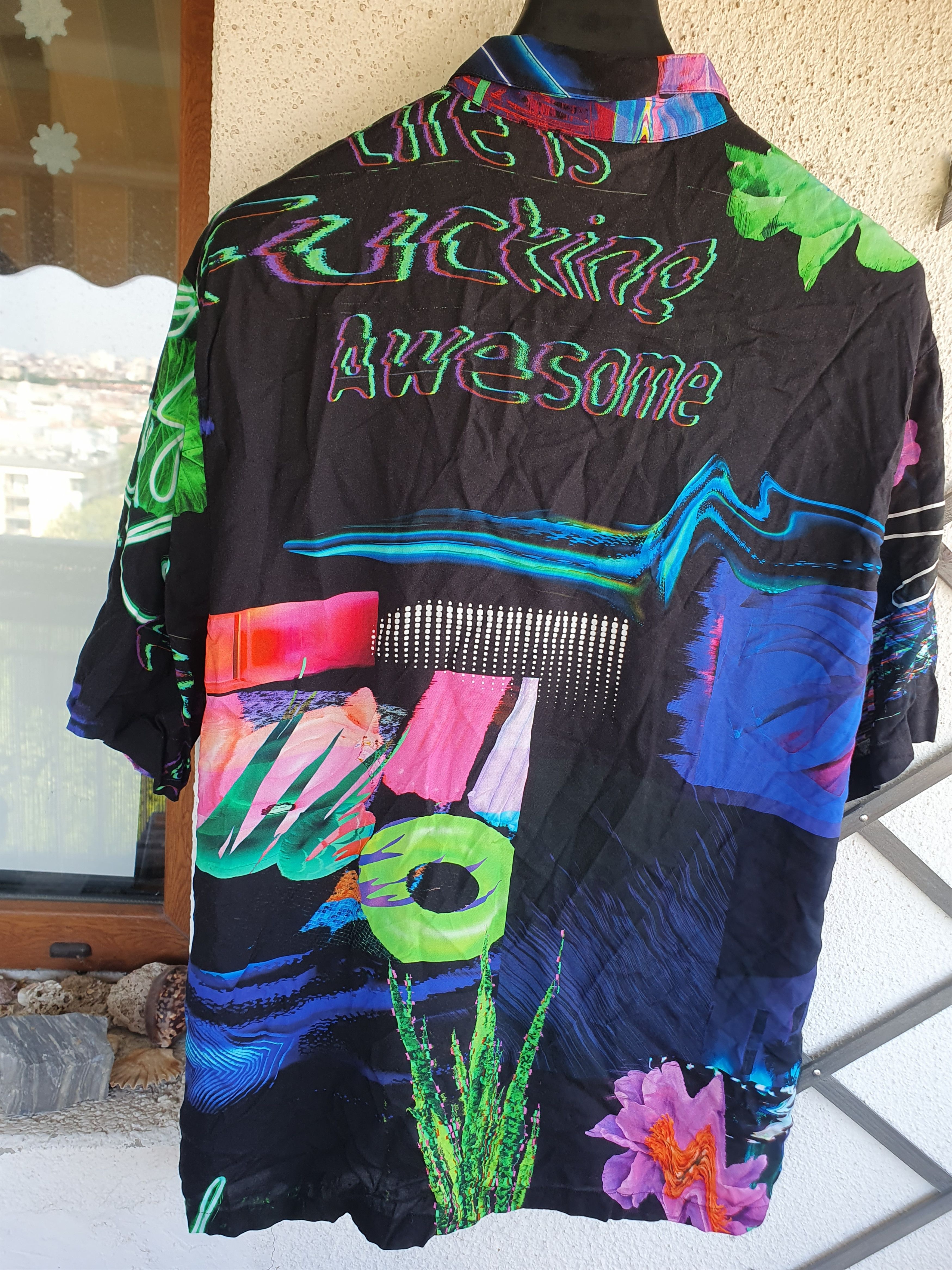 Swagger Desigual Hawaiian Shirt Life is F**** Awesome Neon sz XL Size US XL / EU 56 / 4 - 7 Thumbnail
