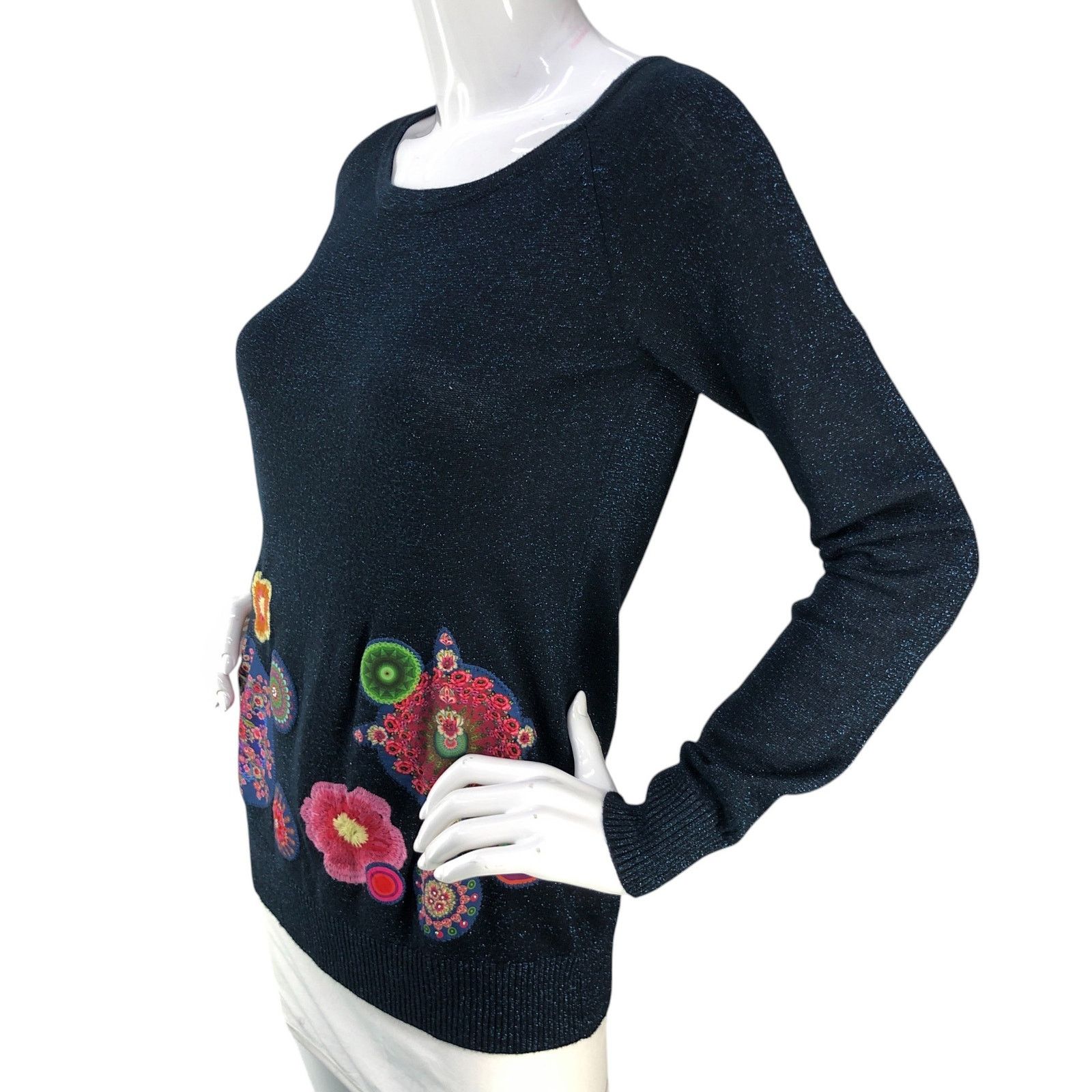 Desigual Desigual Size S Sweater Floral Embroidery Metallic Navy Blue Size S / US 4 / IT 40 - 4 Thumbnail