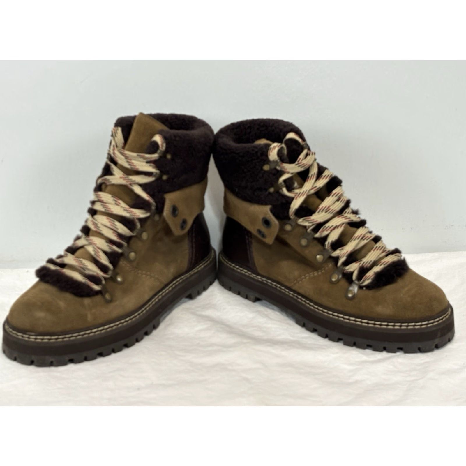 Vintage VINTAGE See By Chloé Eileen Boots Suede Shearling Brown Lace Up Womens 6 (EU 36) Tan Multi, Casual Winter Hiking Style Size US 6 / IT 36 - 2 Thumbnail
