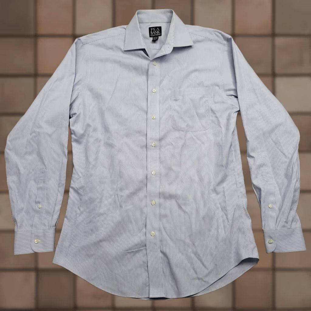 Jos. A. Bank Jos A Bank Traveler's Collection Mens Dress Shirt Striped Tailored 15½-35 Blue Long Sleeve Cotton 100% Pocket Mens Clothing Size 42R - 1 Thumbnail