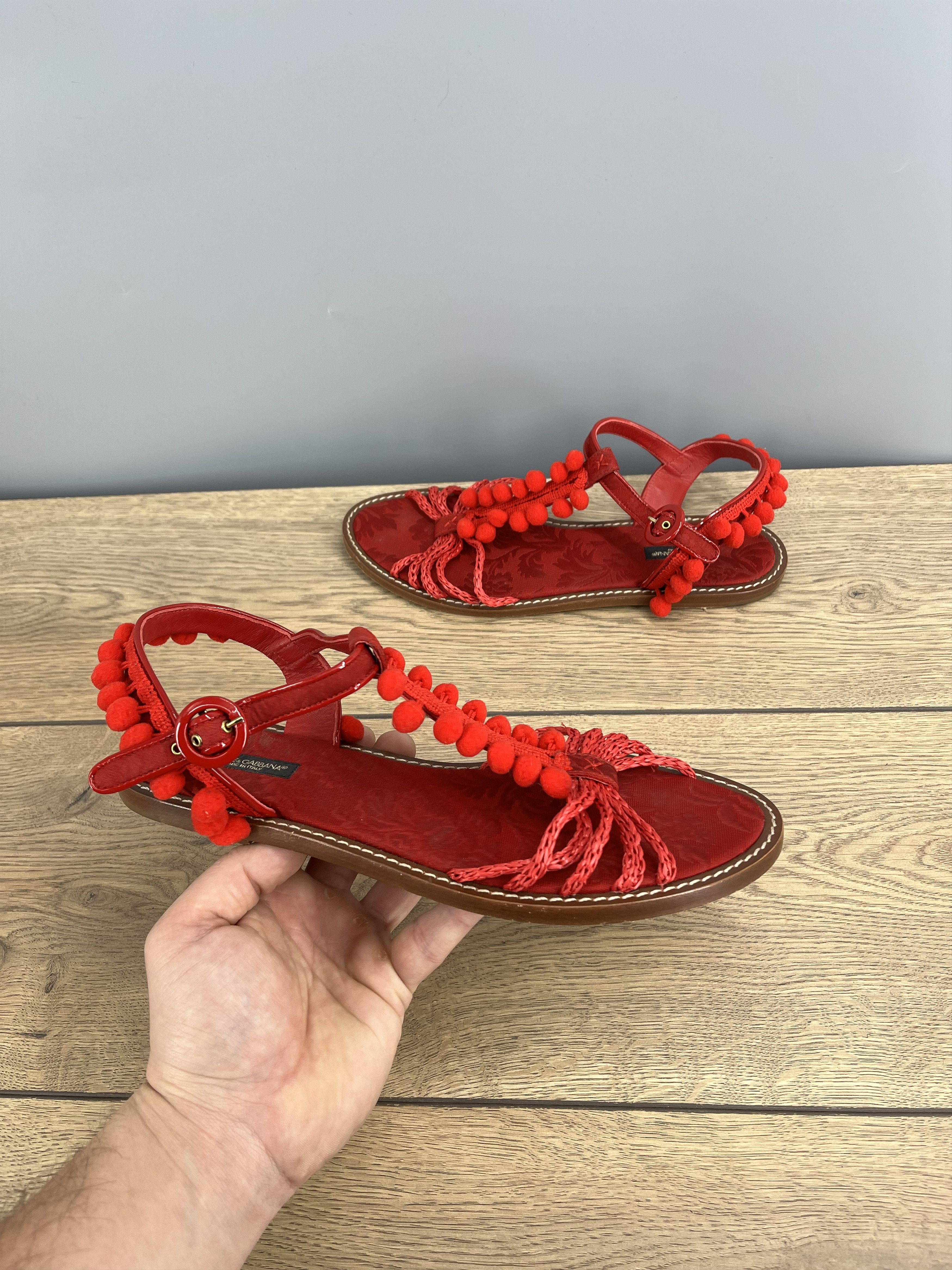 Dolce & Gabbana Vintage Dolce & Gabbana Red Leather Sandals Pom Pom Size US 9 / IT 39 - 1 Thumbnail