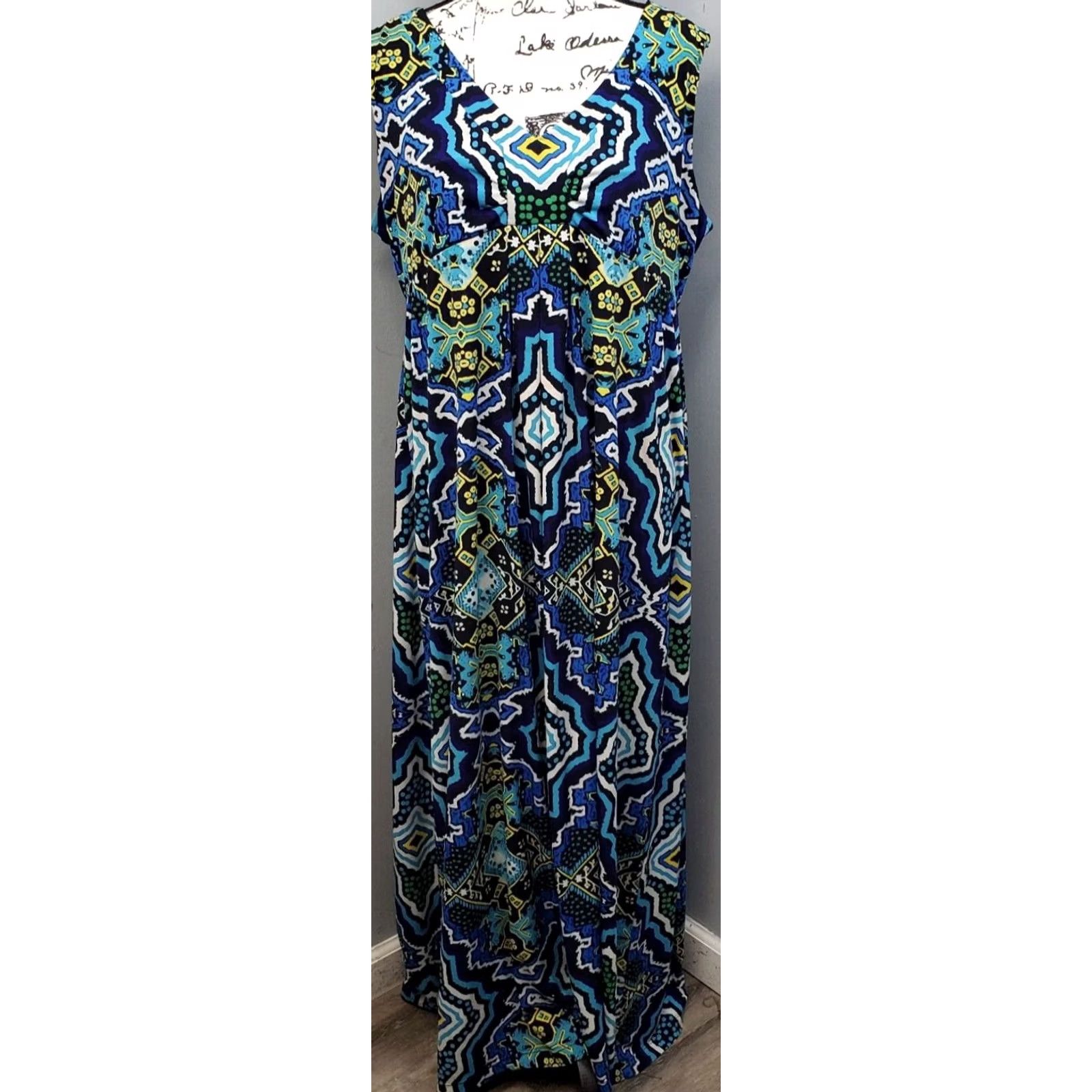 Vintage Chico's Maxi Dress Womens Large Multi Geo Print Polyester Stretch Pleated V Neck Size L / US 10 / IT 46 - 2 Thumbnail